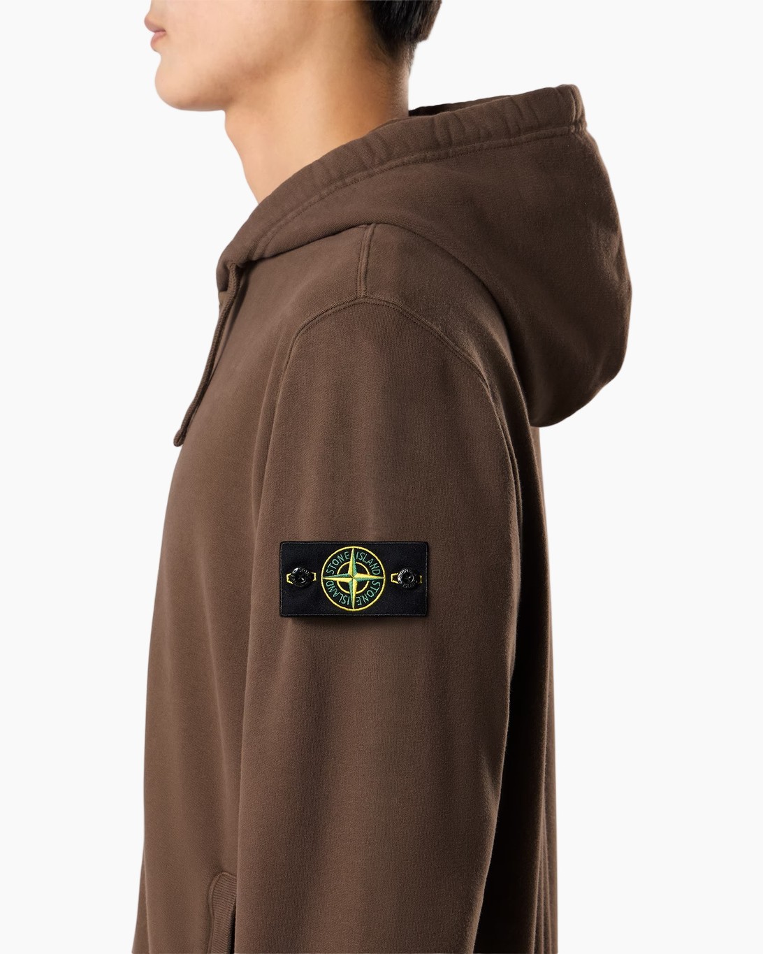 hoodie, bruin, patch, logo, mouw