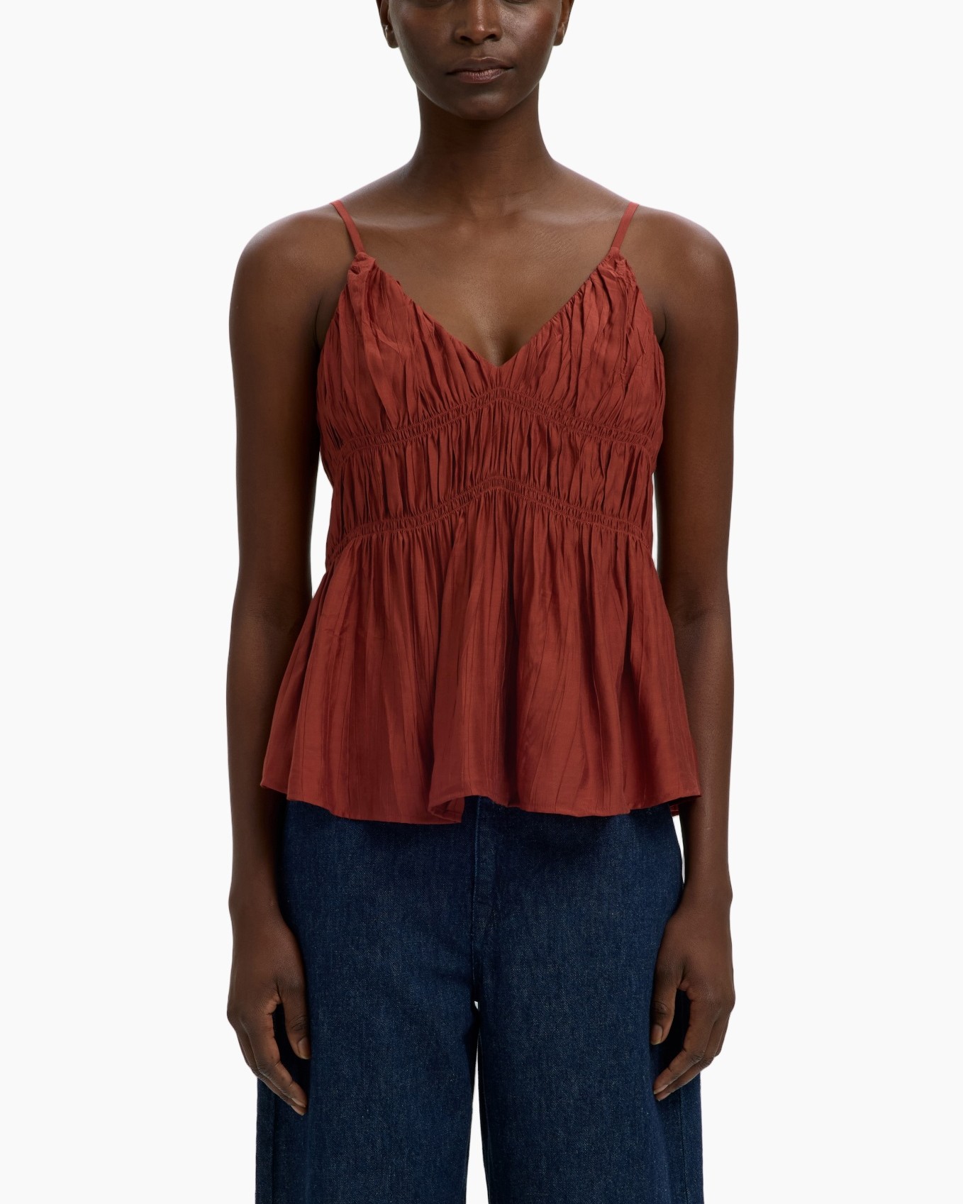 top, tanktop, peplum, mouwloos, roodbruin
