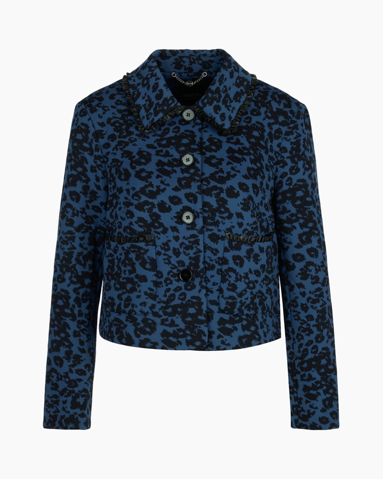 jas, leopard print, blauw, kraag, knopen