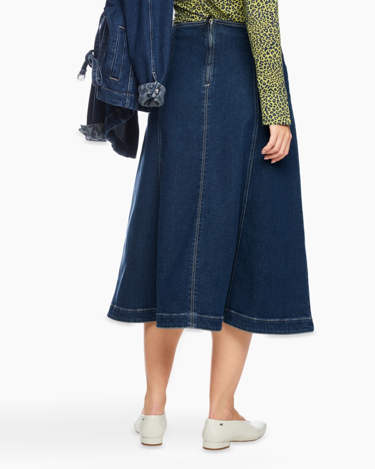 denimrok, middellengte, A-lijn, donkerblauw, stikdetails