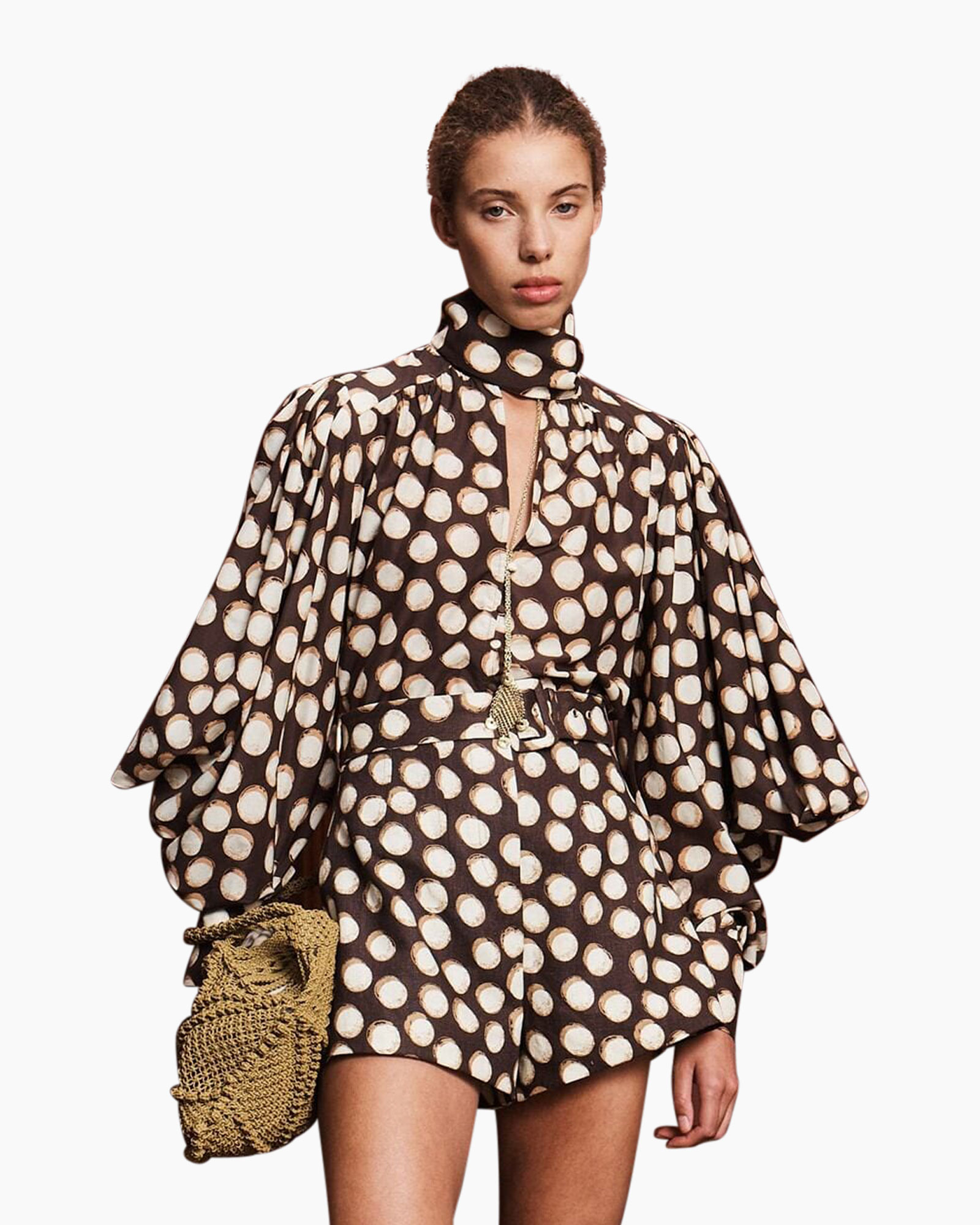 romper, polkadot, puff-sleeve, hoge hals, korte lengte