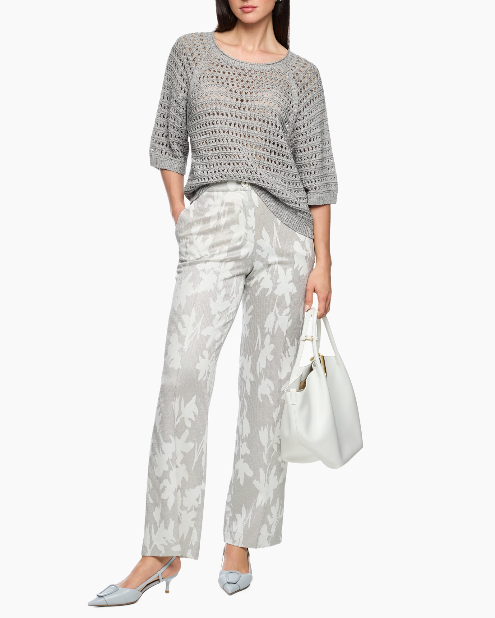 cropped knit sweater, gray, loose fit, pullover, three-quarter sleeves