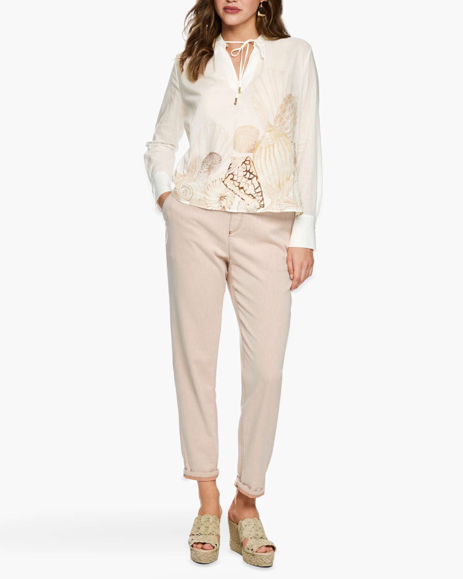 blouse, shell print, long sleeve, tie neck, beige pants