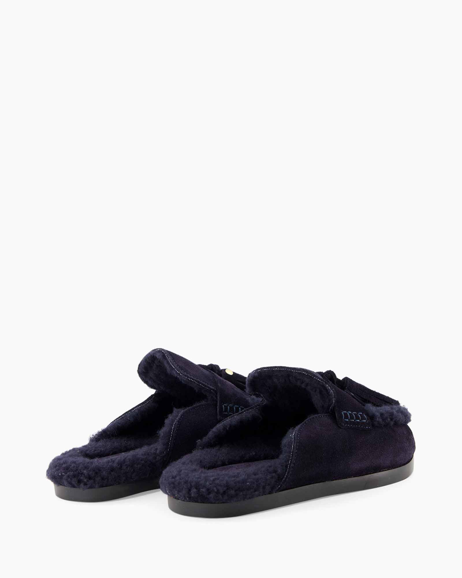 pantoffels, mules, vachtig, donkerblauw, textuur