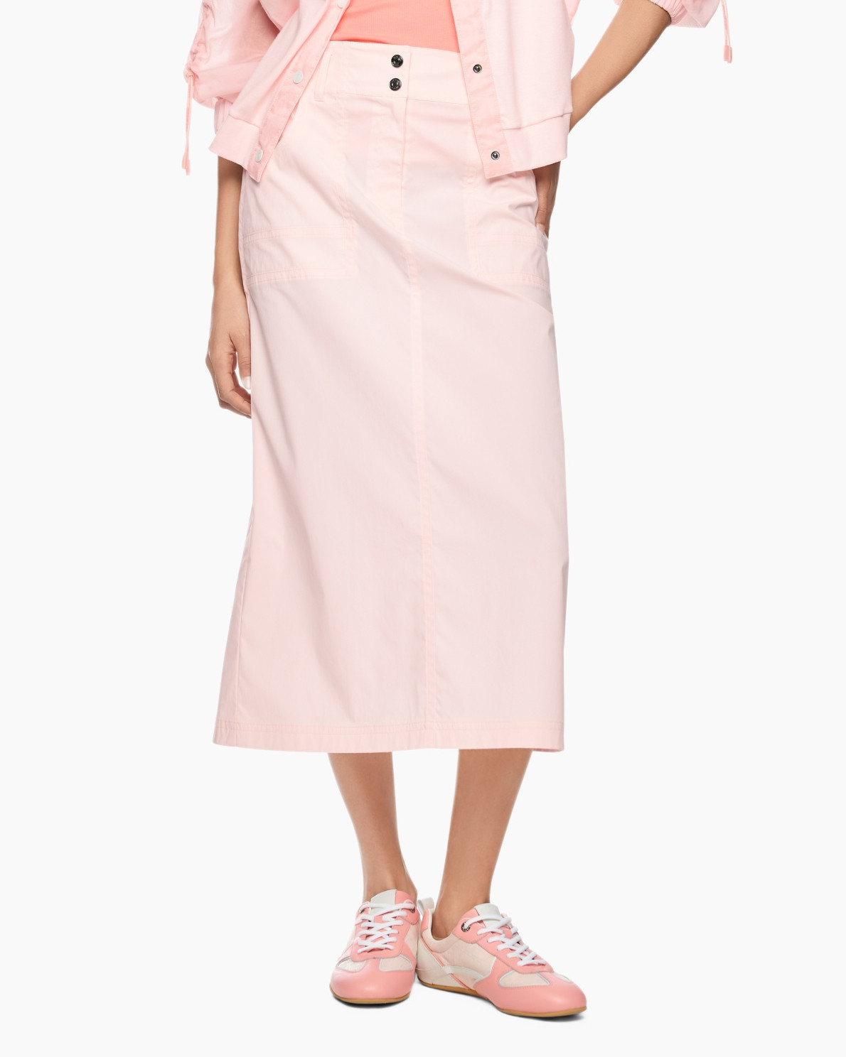 skirt, mid-length, pink, button-front, pockets