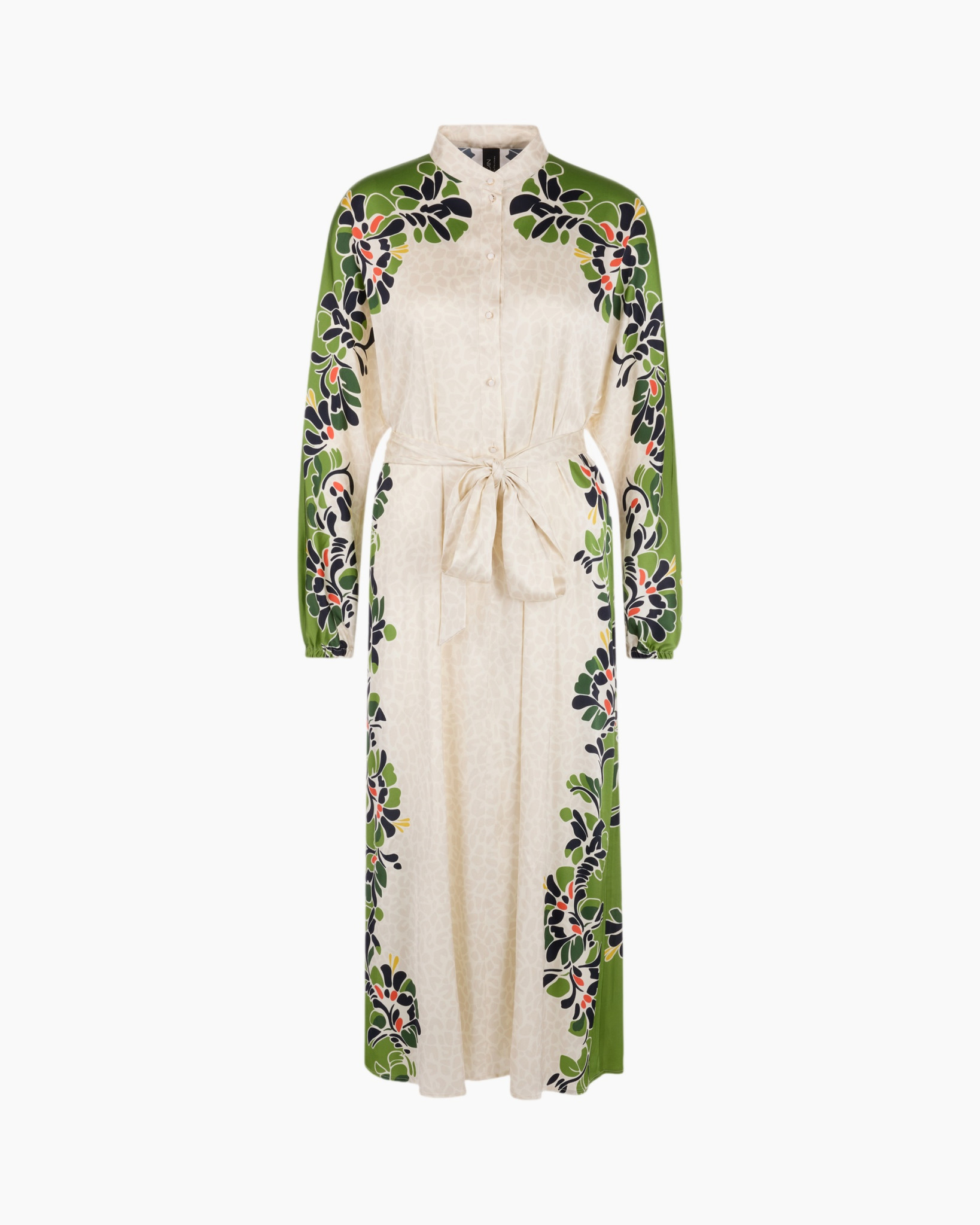 maxi jurk, lange mouw, bandjes/riem, bloemenprint, beige groen