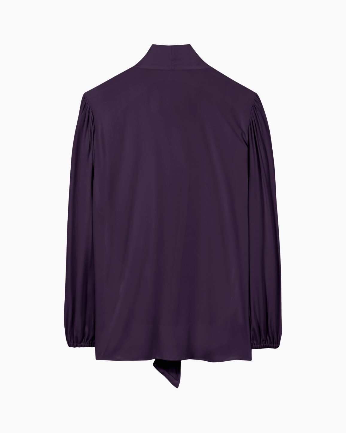 blouse, paars, lange mouwen, rugzijde, bandknoop zoom