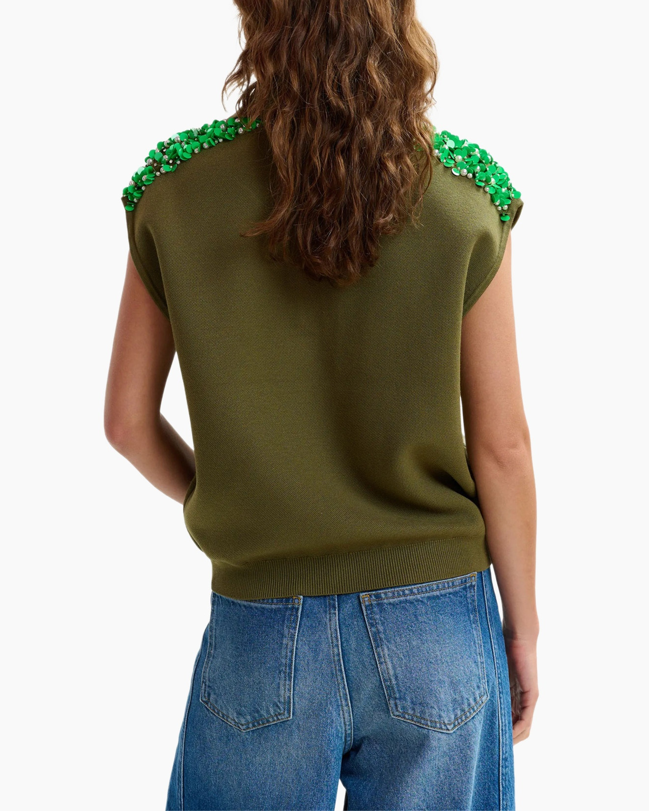 ekstrokz  (note: please ignore), olijfgroene, versierde schouders, gebreide polo, casual blouse