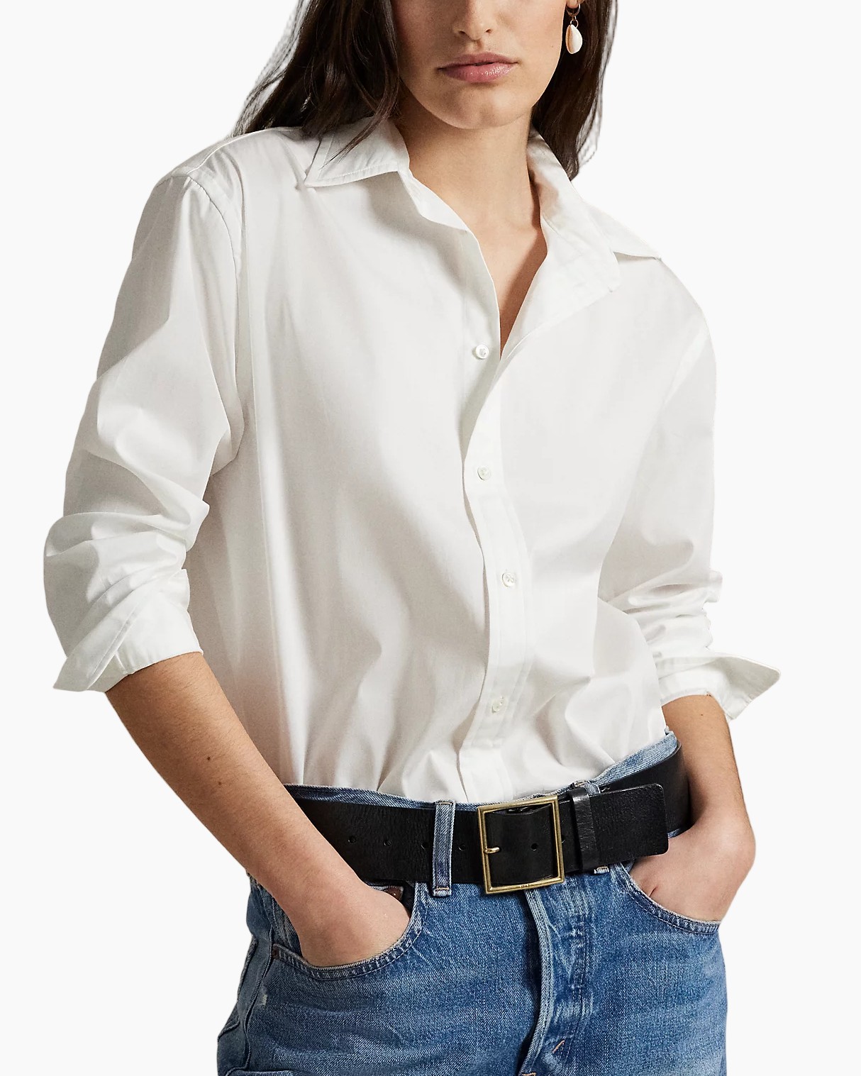 witte blouse, knopen-down, kraag, lange mouwen, spijkerbroek
