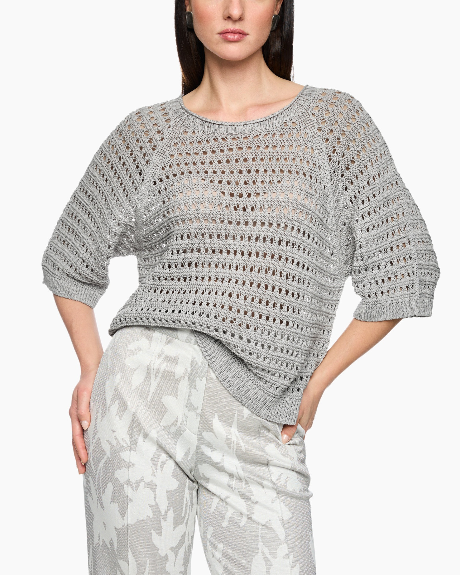 crochet sweater, knit top, oversized sweater, grey, short sleeves