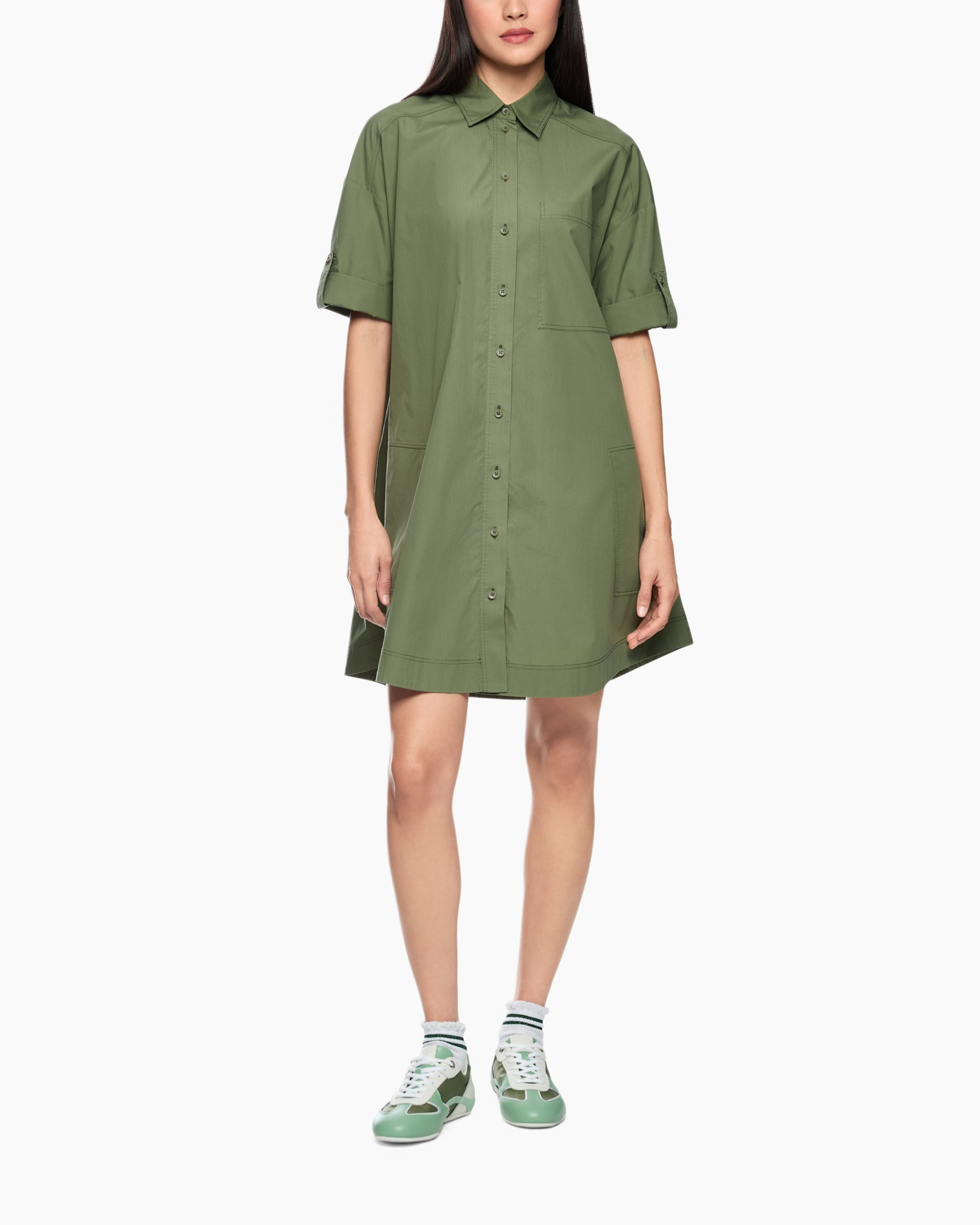 shirt dress, olive green, short sleeves, button front, pocket detail