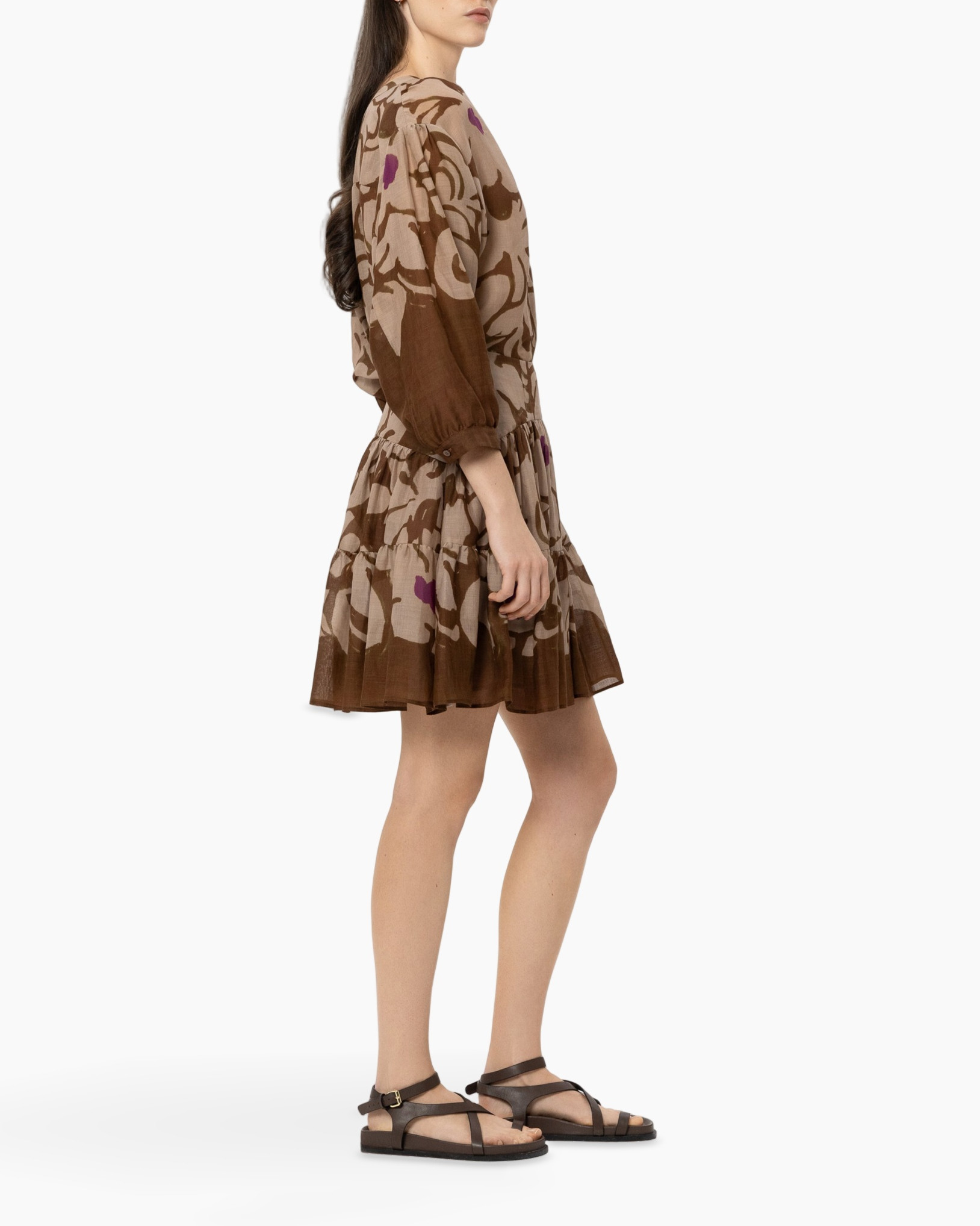 dress, mini dress, patterned, long sleeve, sandals