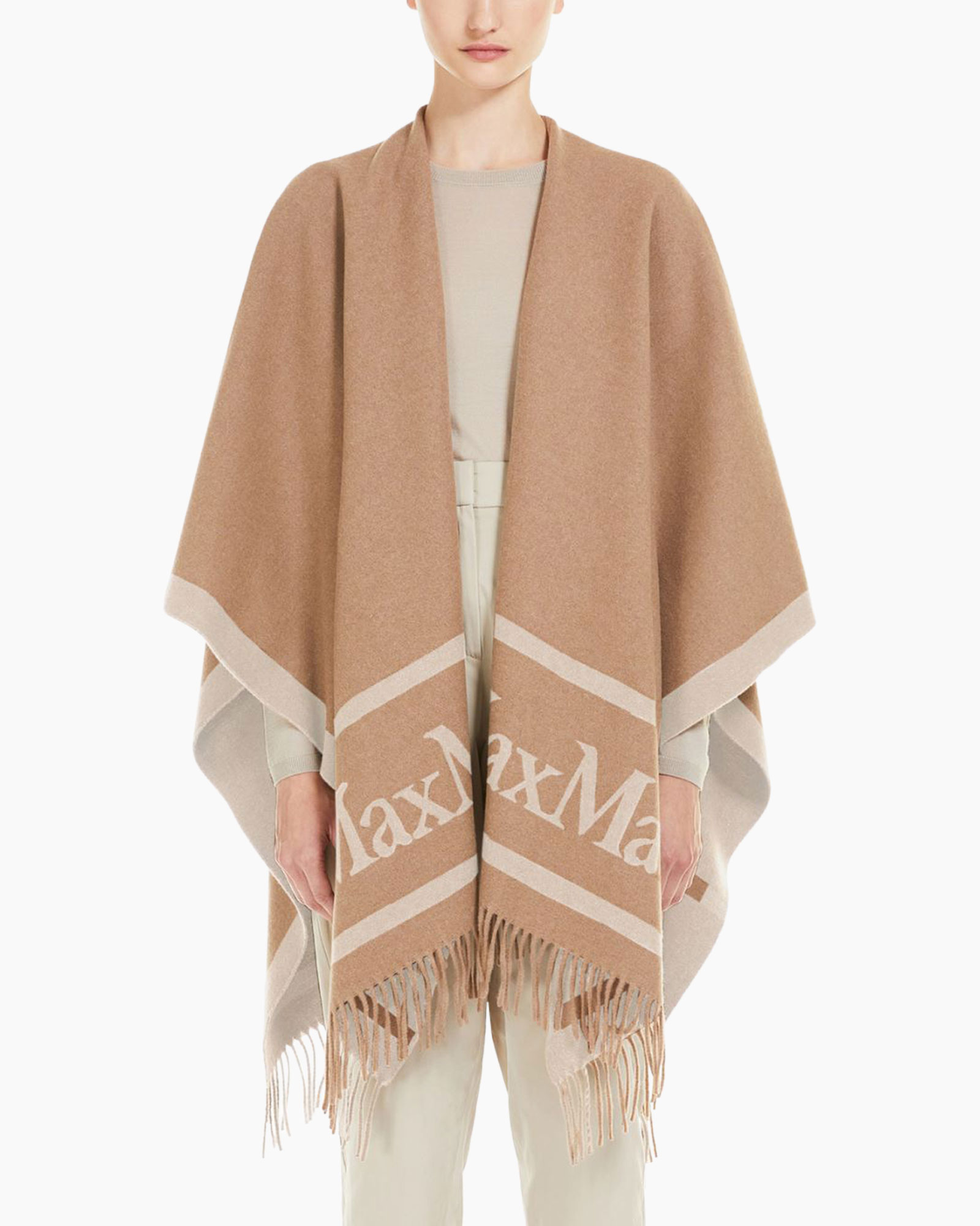 poncho, kleur camel, fringes, zachte weefsel, wrap