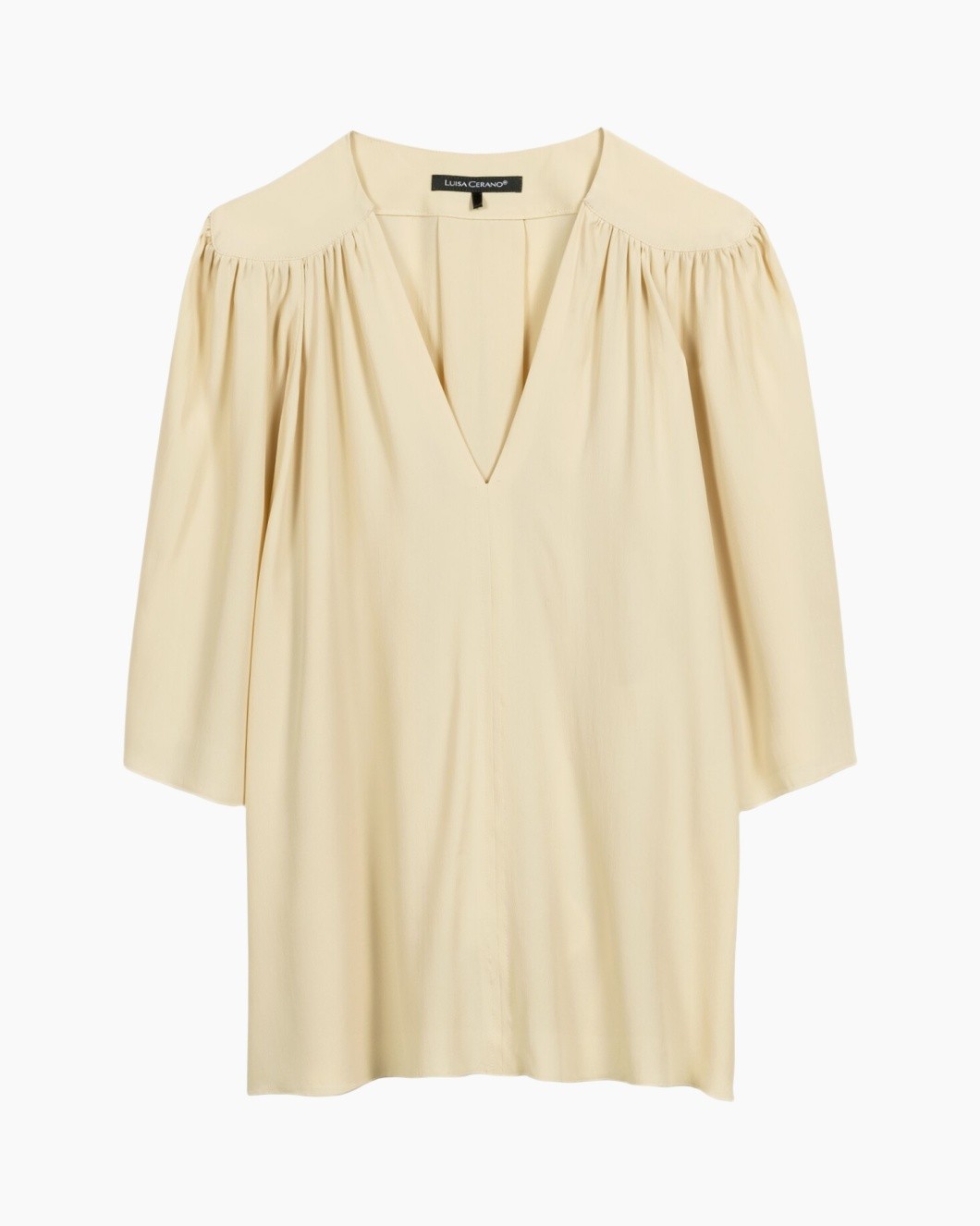 blouse, peasant, v-hals, licht beige, lose pasvorm