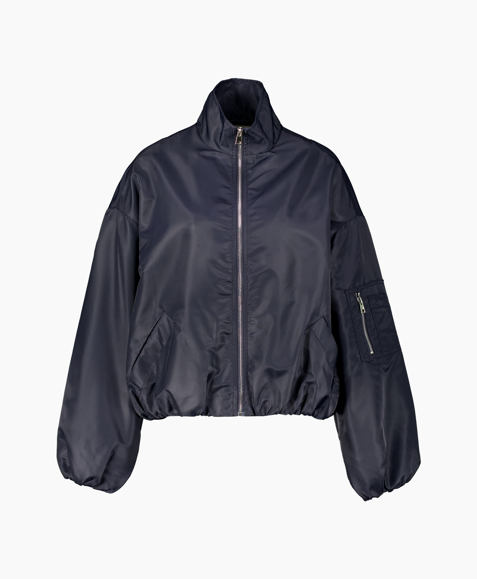 bomber jas, puffer, rits, lange mouw, donker marineblauw