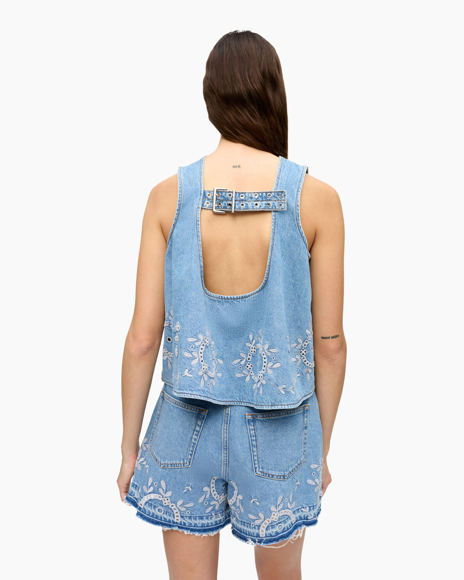 Top Broderie Anglaise Denim Licht Blauw