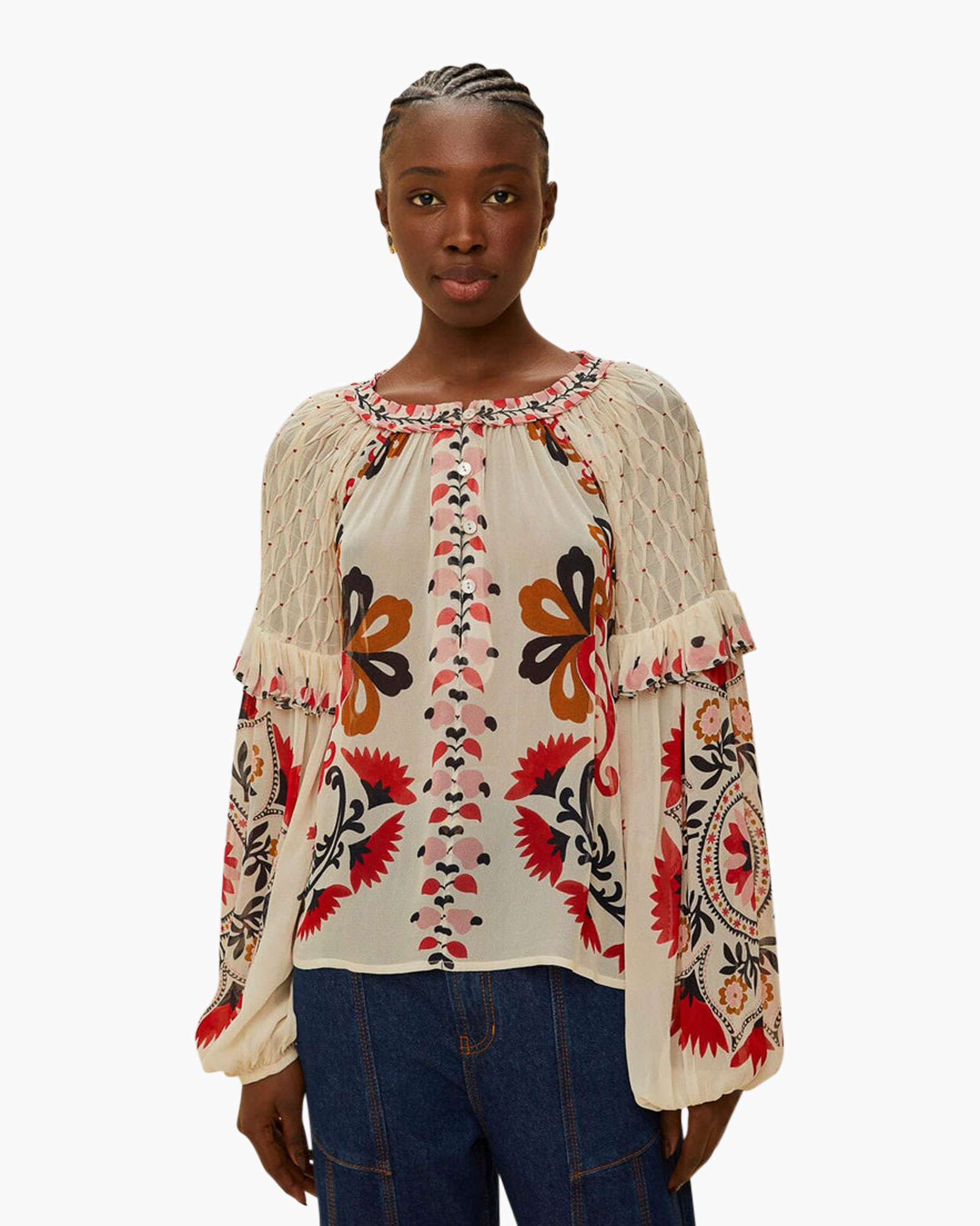 Blouse Cashew Mandala Smocked Long Sleeve Ecru