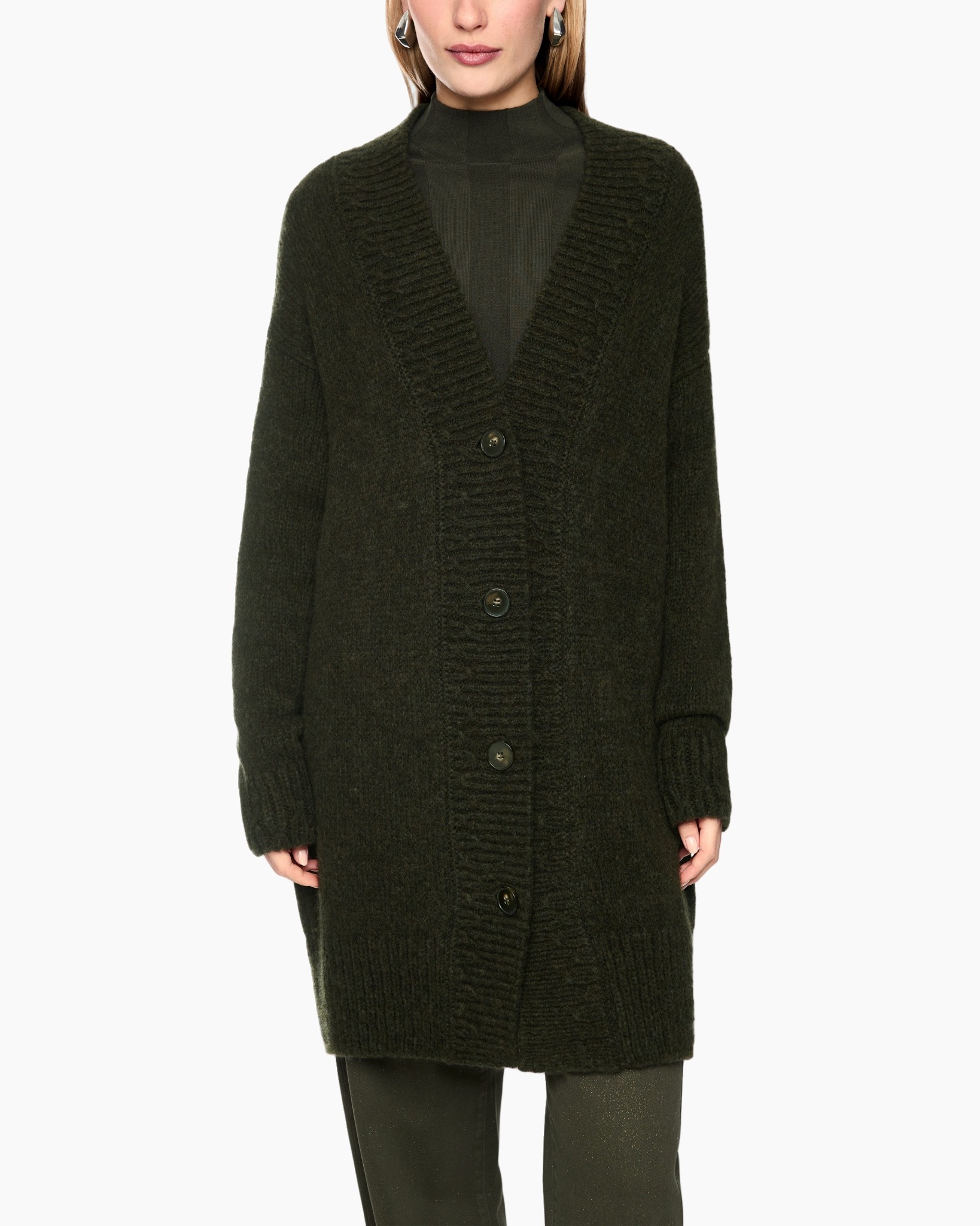 cardigan, lange cardigan, knopjes, geweven, donkergroen