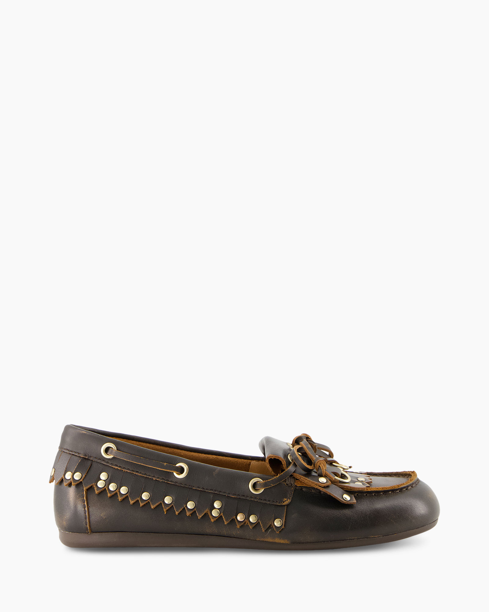 loafer, moccasin, leer, decoratieve studs, korte franjes