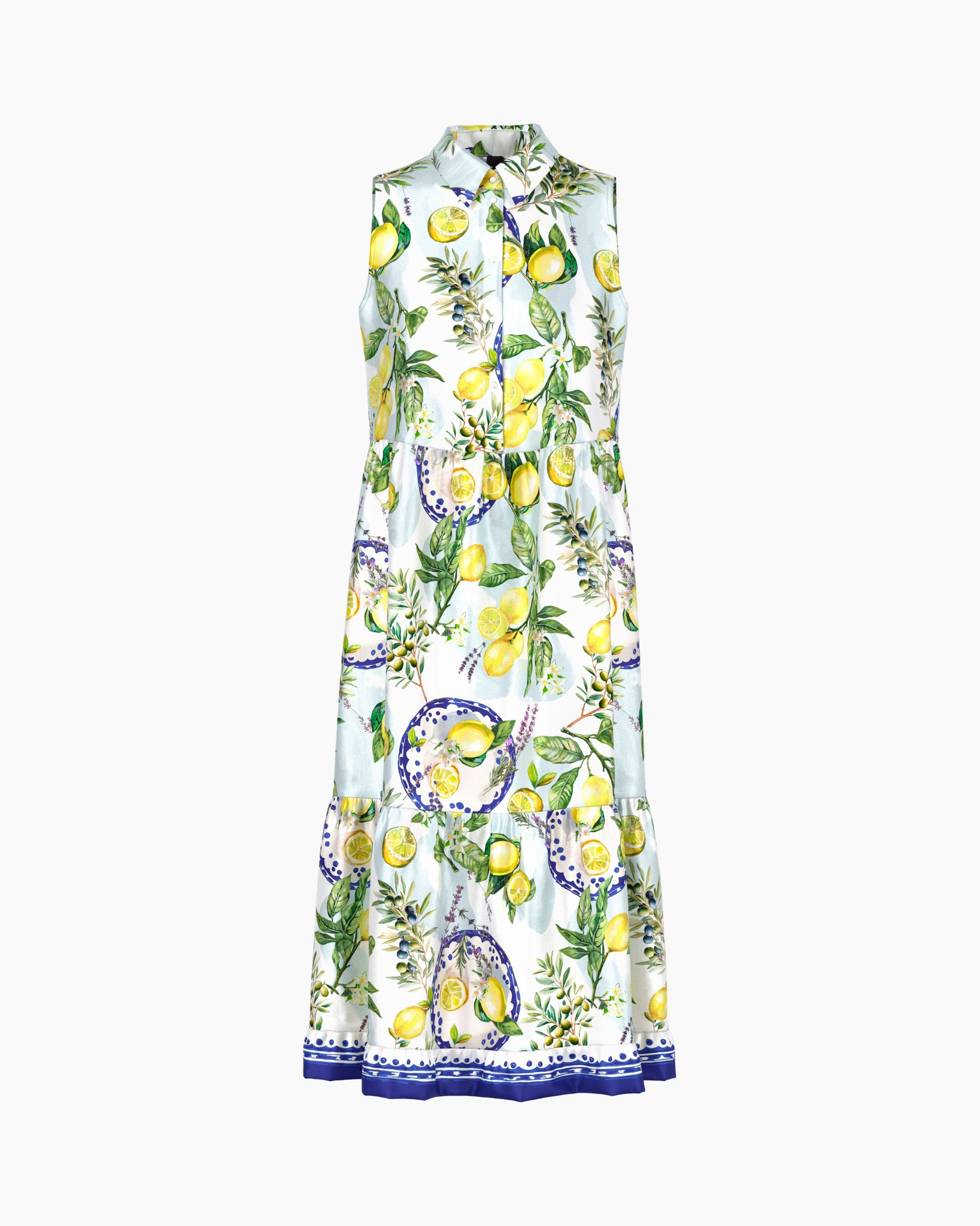 mouwloze jurk, lange jurk, citroenprint, linnenlook, getande zoom