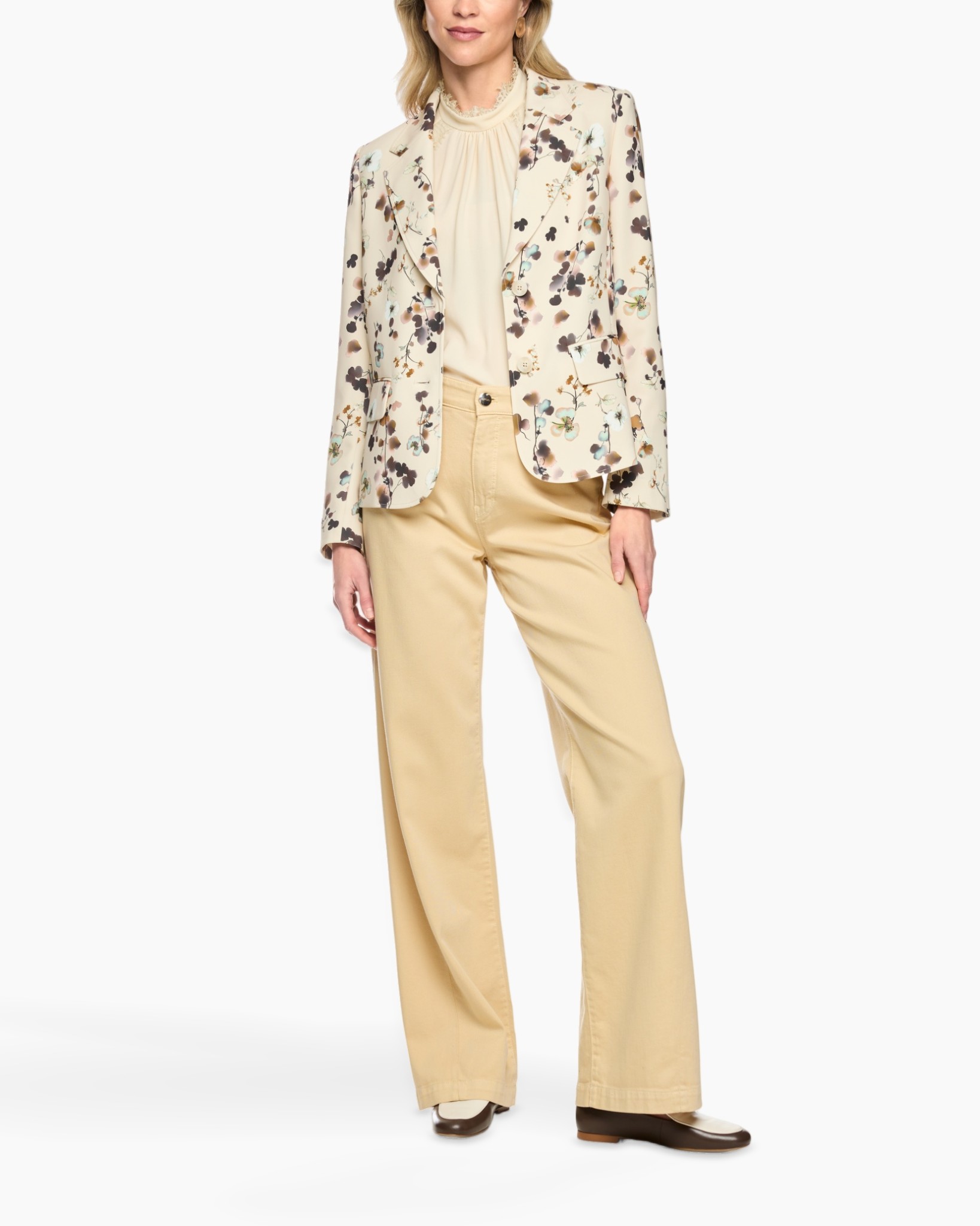 blazer, bloemenprint, crepe, beige, broek