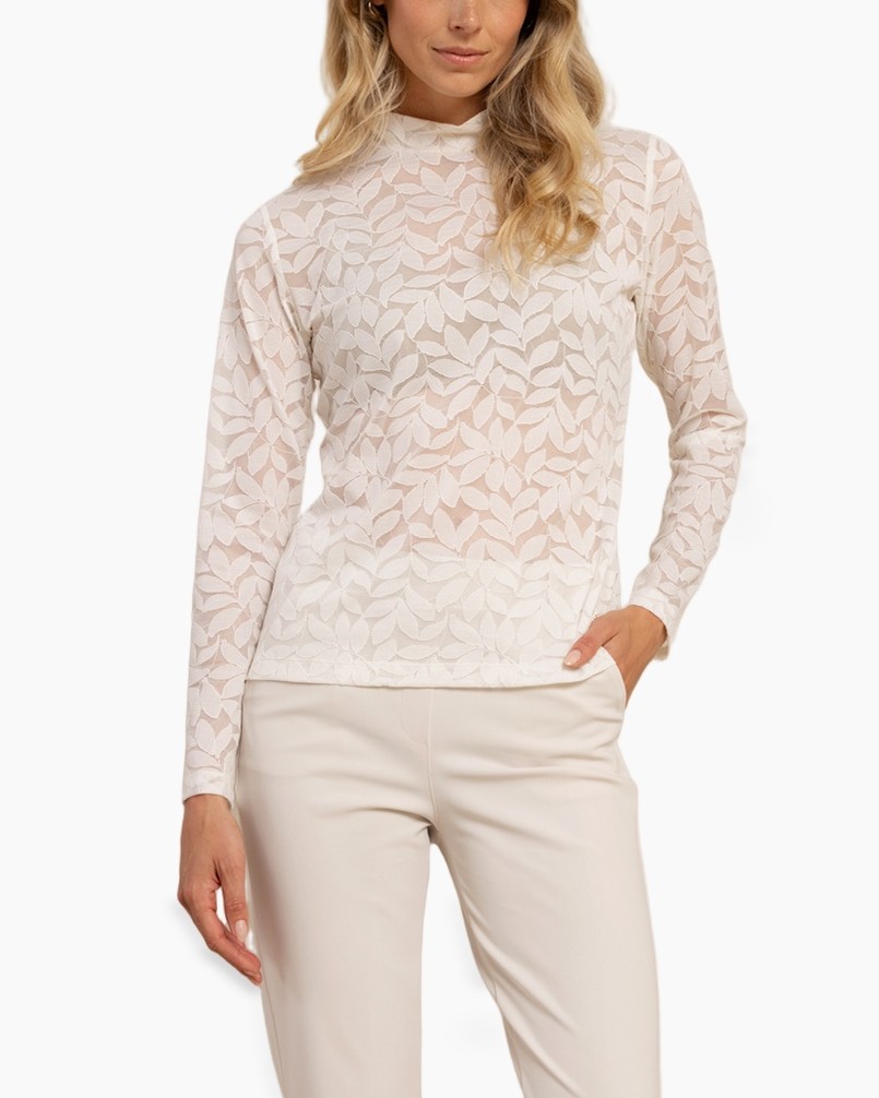 kanttop, hoge hals, lange mouwen, beige, patroon