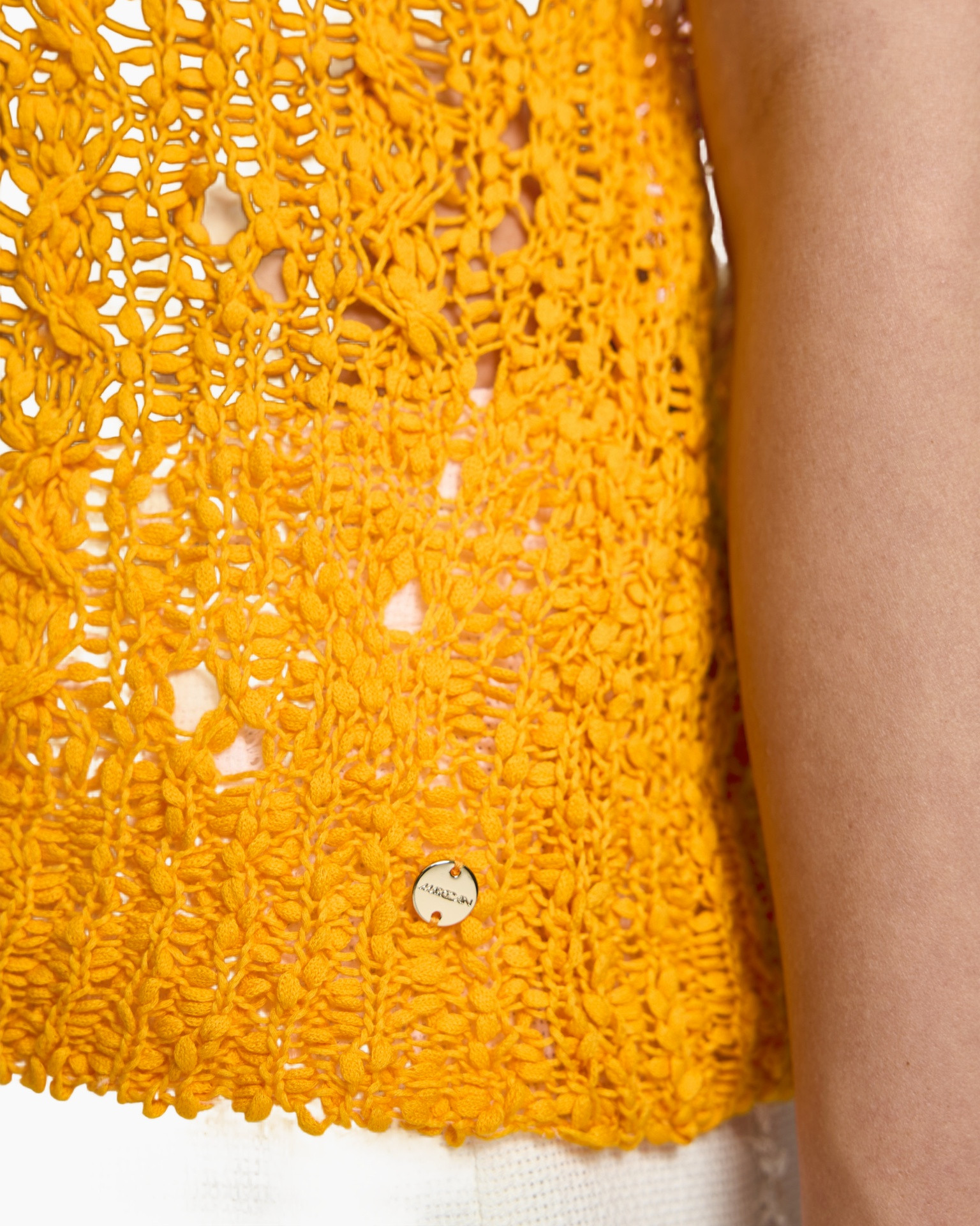 oranje, breipatroon, top, mesh, stof