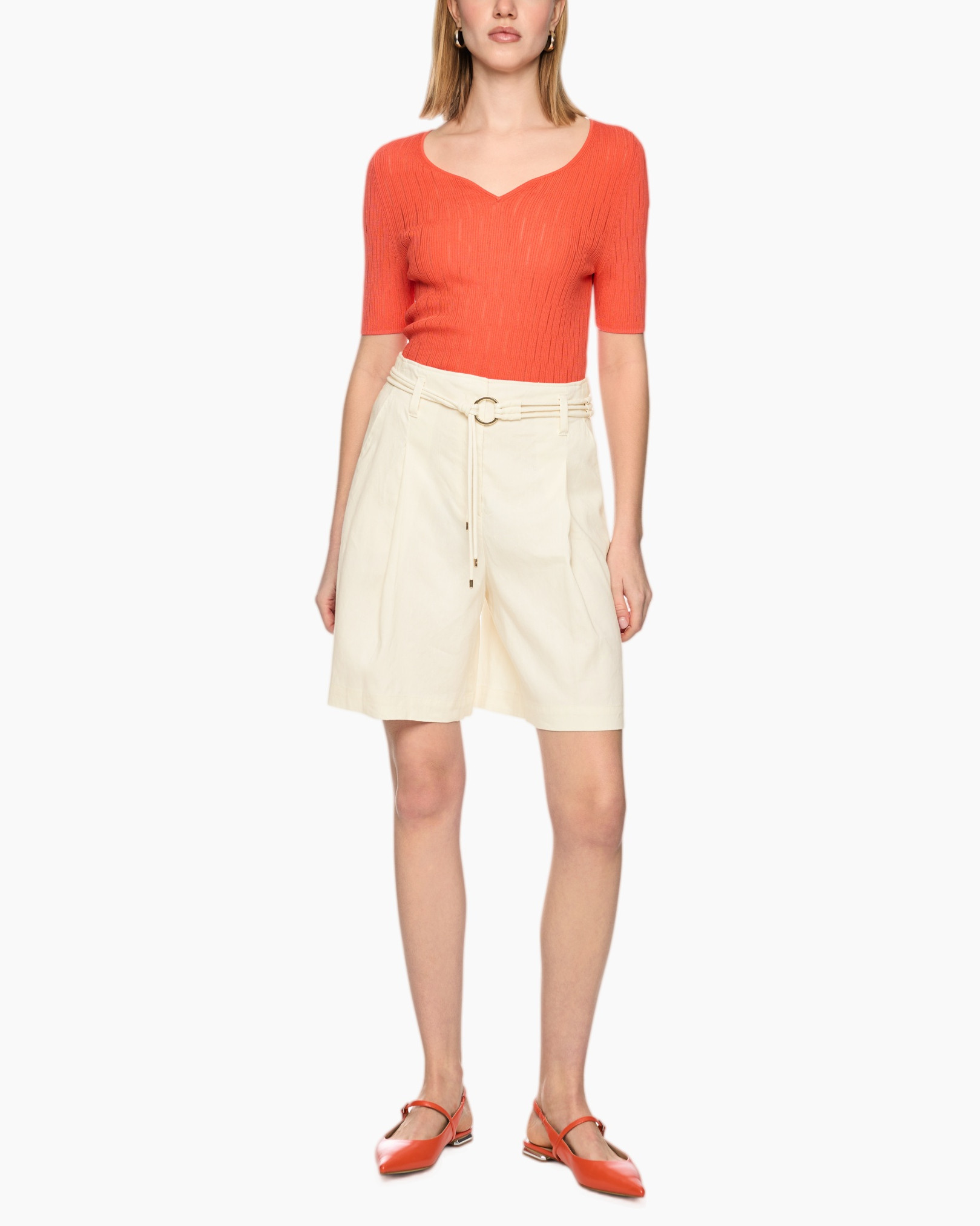 top, orange, knit, shorts, belted shorts