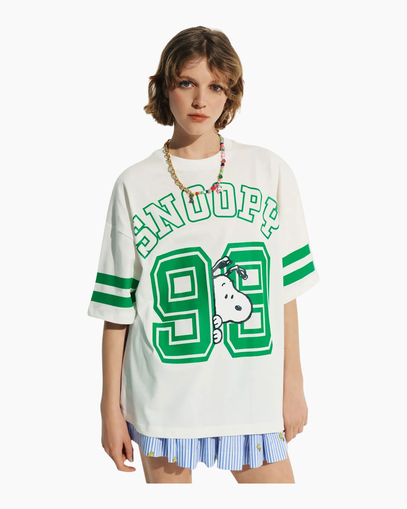 t-shirt, graphic tee, green print,  oversized, numbers 99,  Snoopy graphic