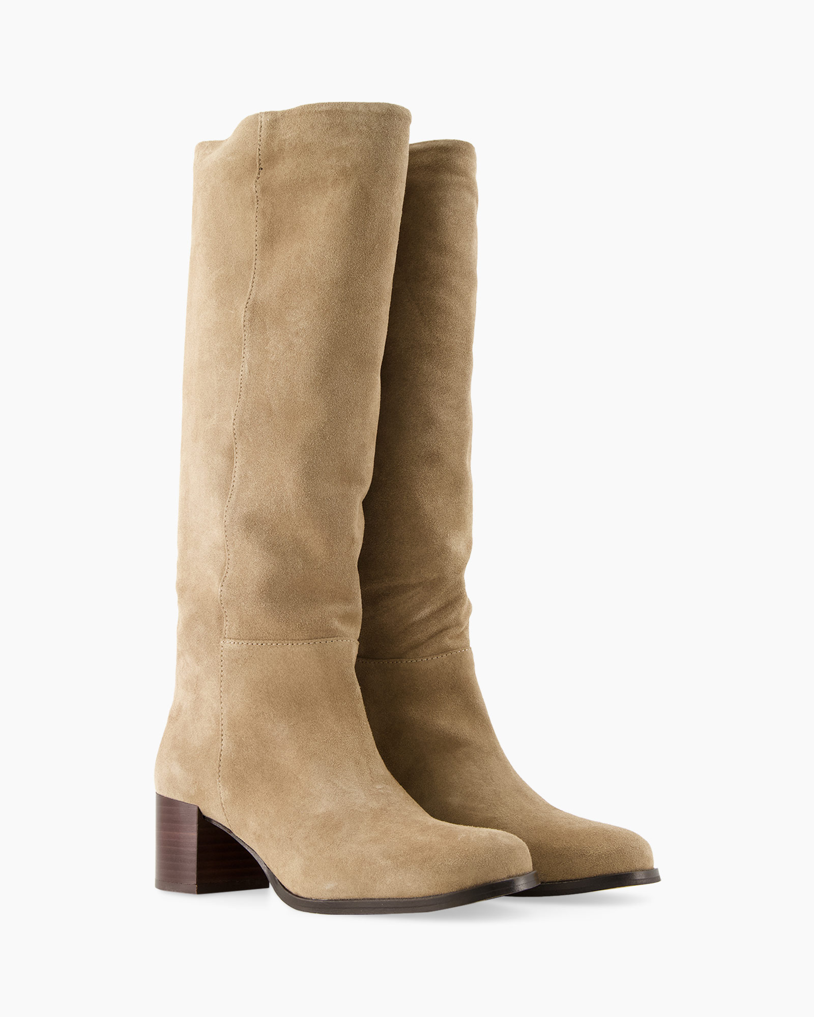 laarzen, kniehoog, suede, beige, blokhak