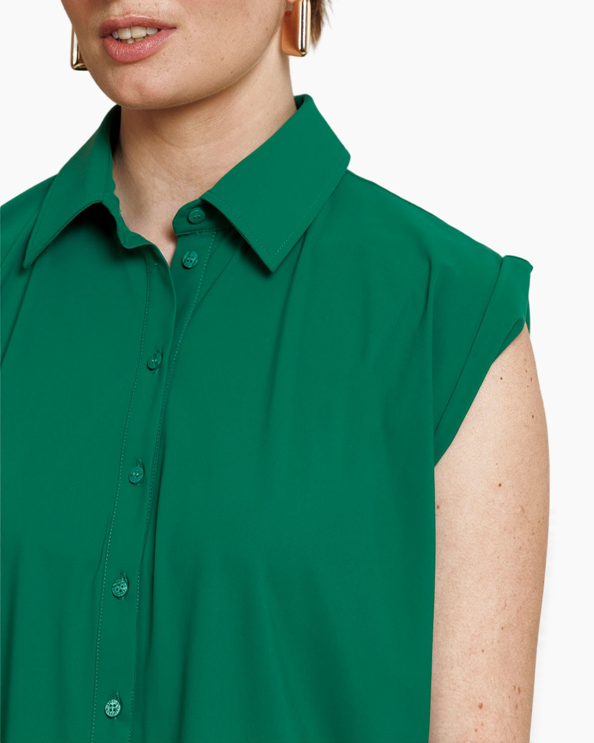 groene blouse, knopen blouse, mouwloos, kraag, katoenmix