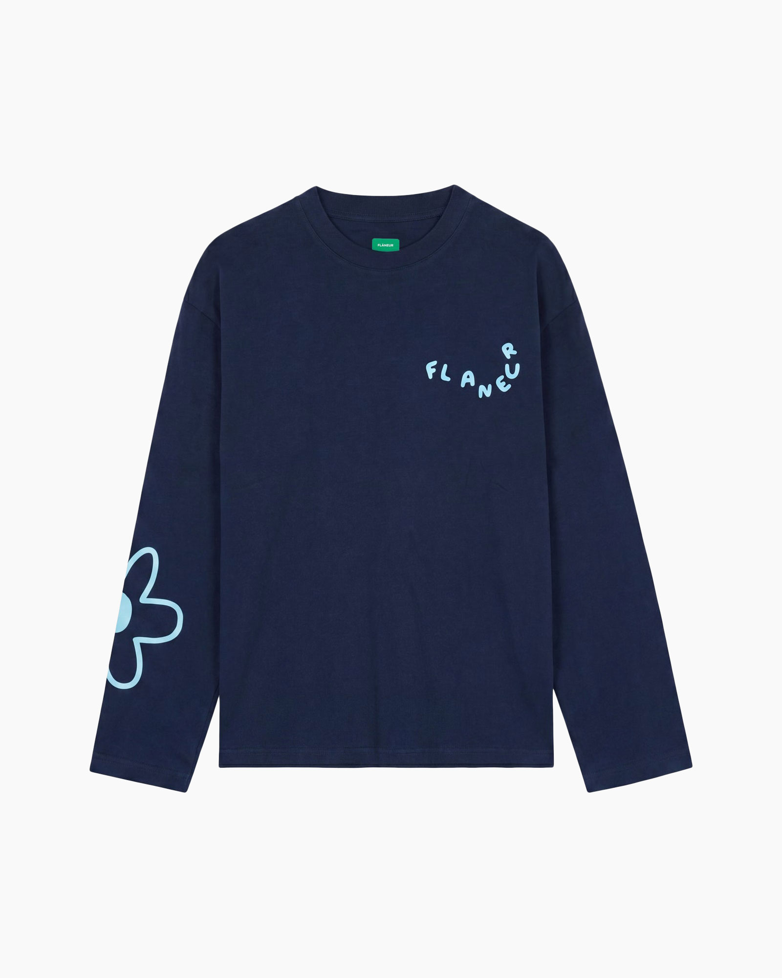 lange mouwen, marine shirt, grafische print, blauwe bloem, kraag