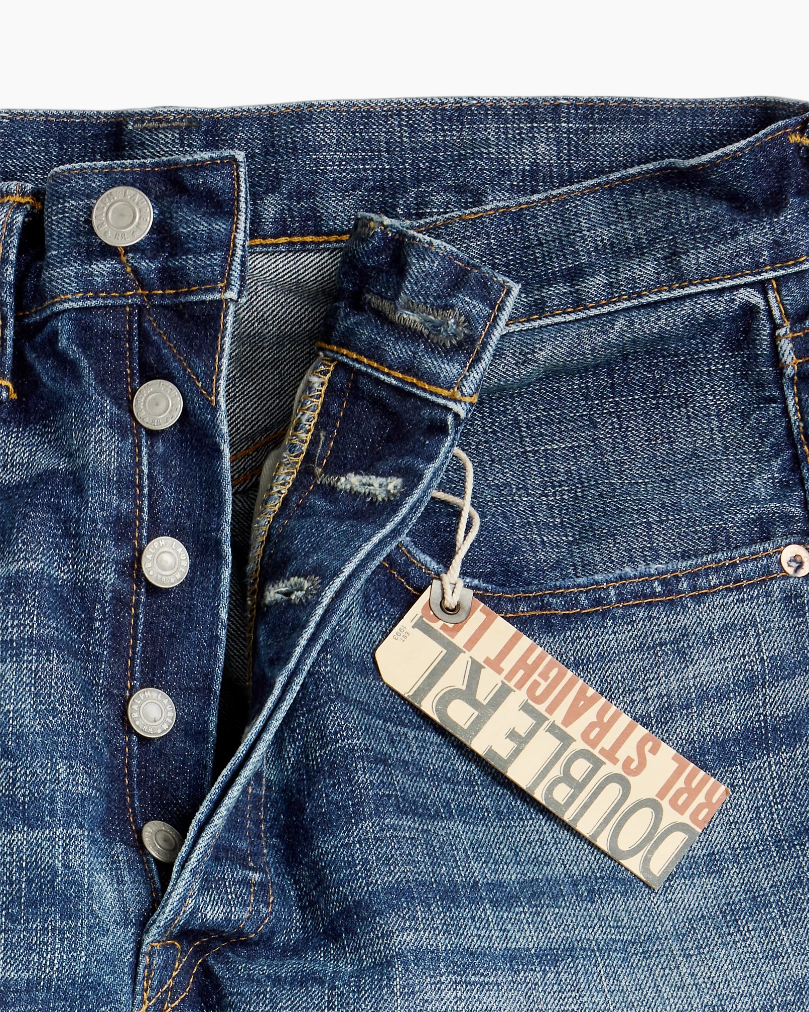 denim, spijkerbroek, blauw, knopen, label