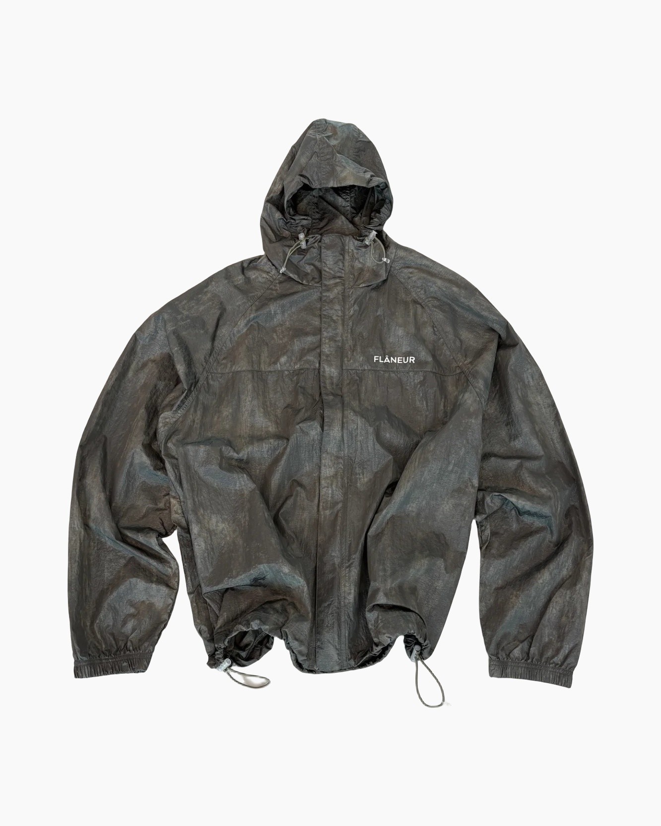 hooded jas, windbreaker, trekkoord, grijs, gelakt materiaal