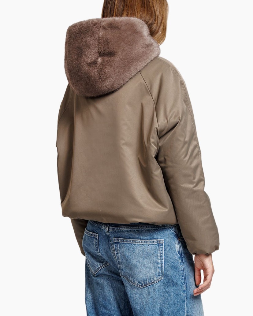 donsjas, nepachtige bontkraag, khaki, puffer, losse jeans