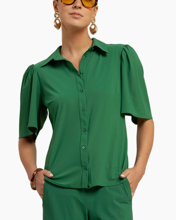 green, puff sleeves, button-down, short-sleeve, blouse