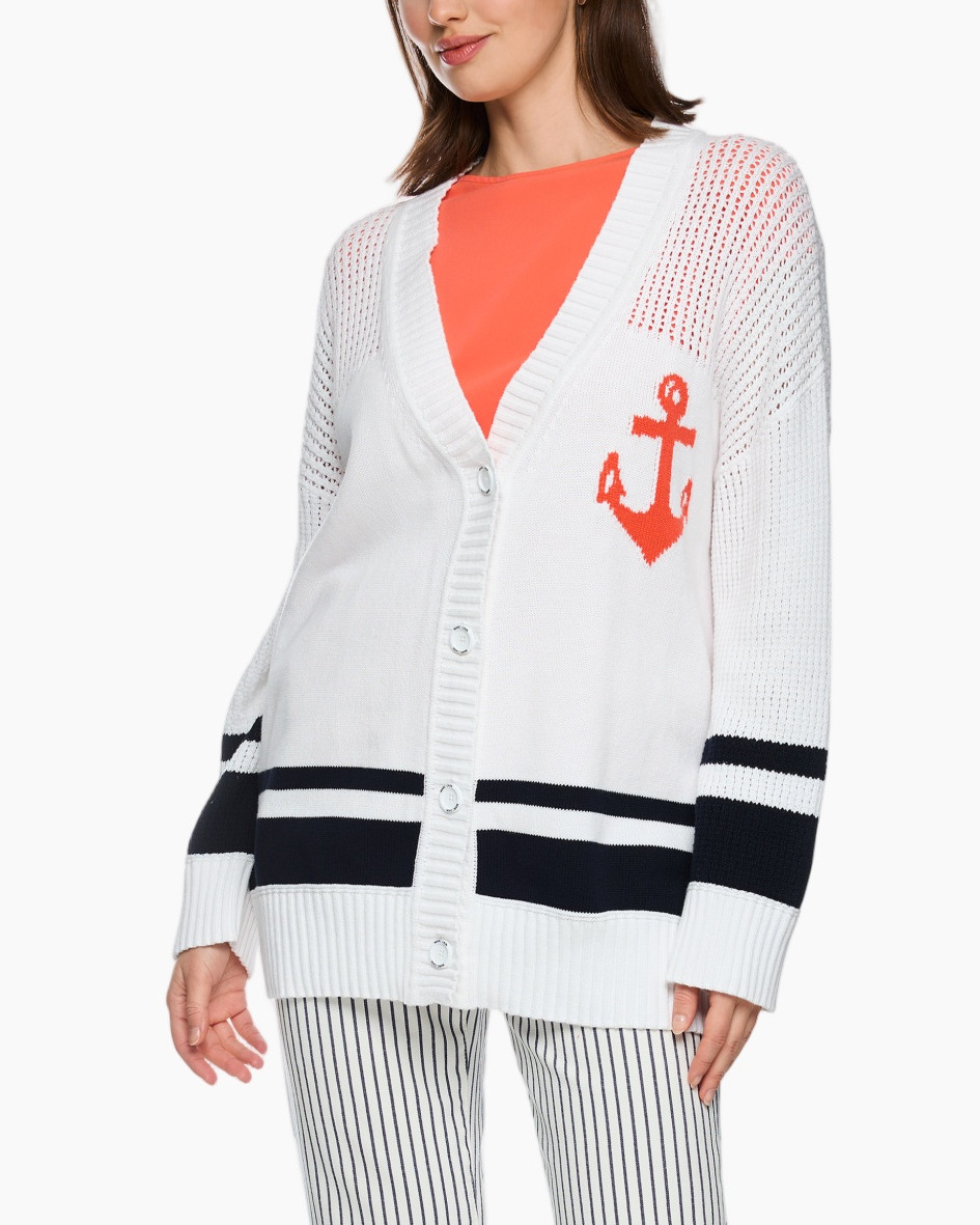 cardigan, knit cardigan,  Anchor emblem, navy stripe, white cardigan