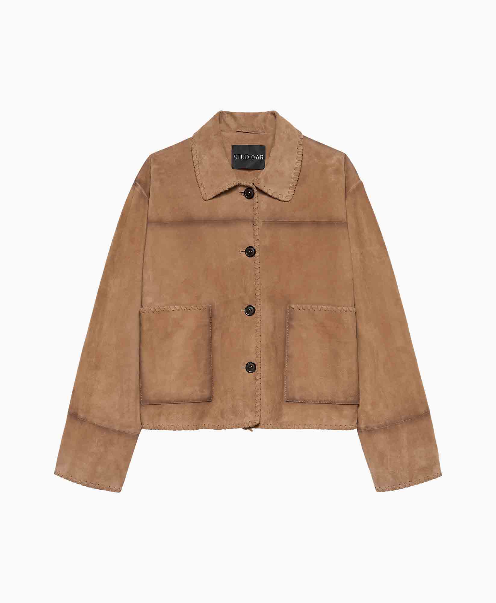 suede jas, bruin, knopen, zakken, kraag