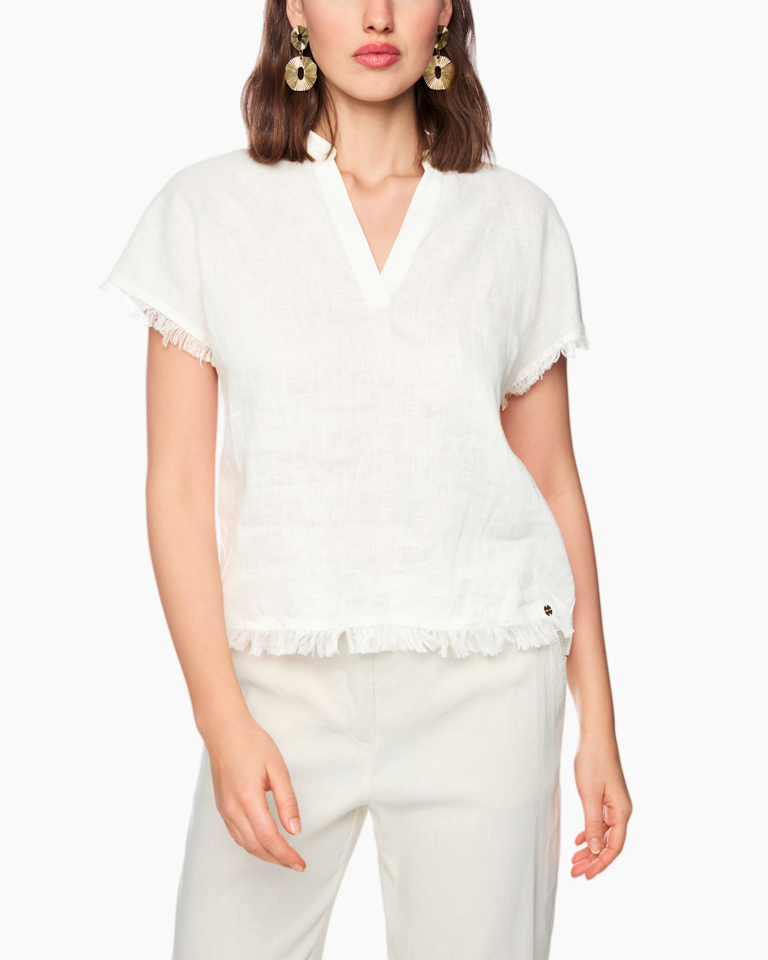 wit overhemd, linnen, korte mouw, V-hals, franje zoom