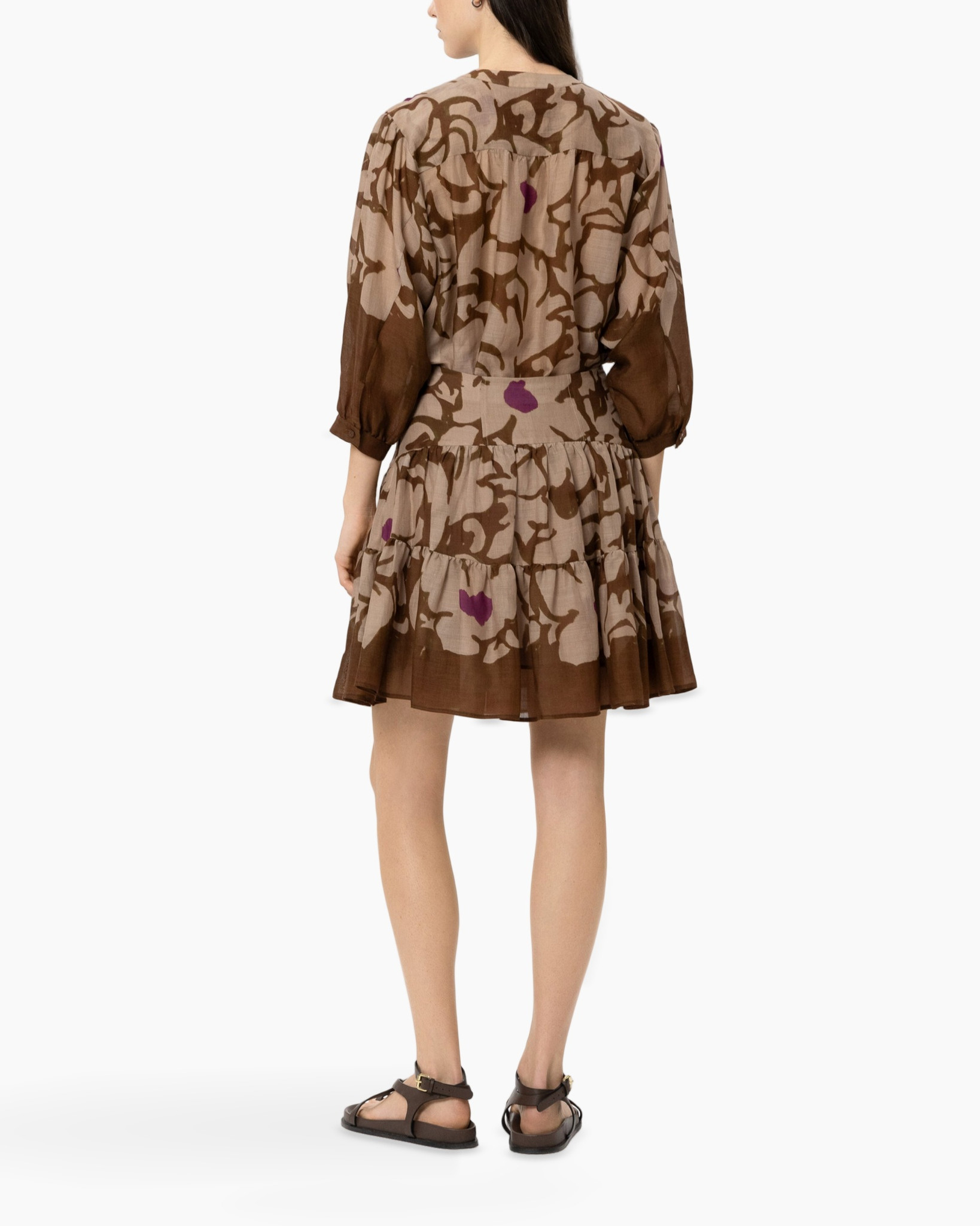 jurk, getailleerde laagjes, mini, linnen, bruin