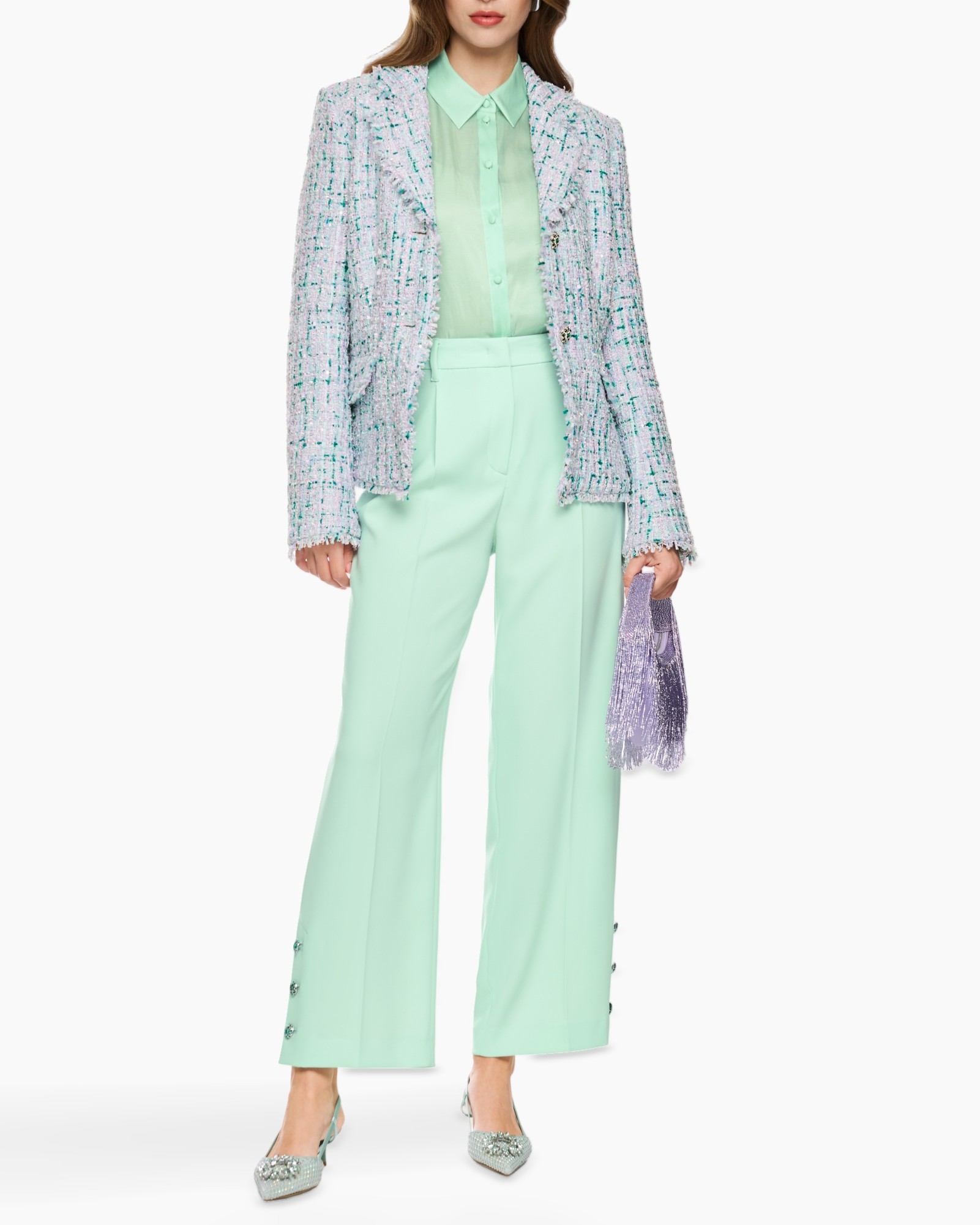 blazer, tweed, mint, broek, tasje