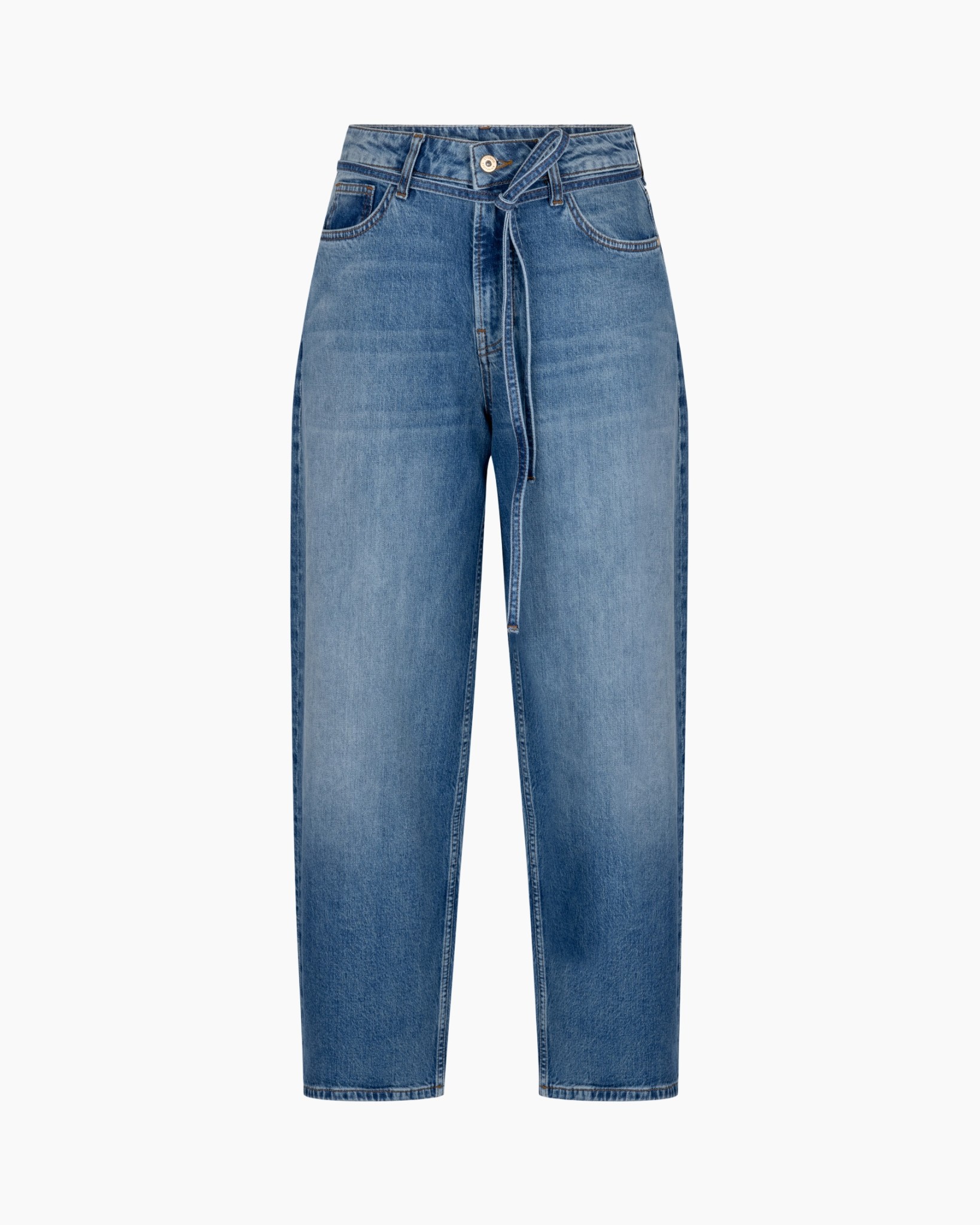 spijkerbroek, denim, recht model, riemsluiting, licht gewassen
