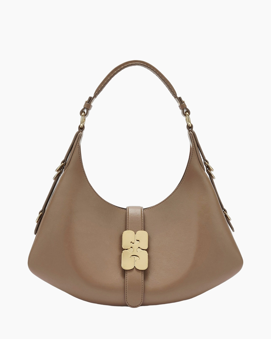 handbag, shoulder bag, brown, tan, gold clasp