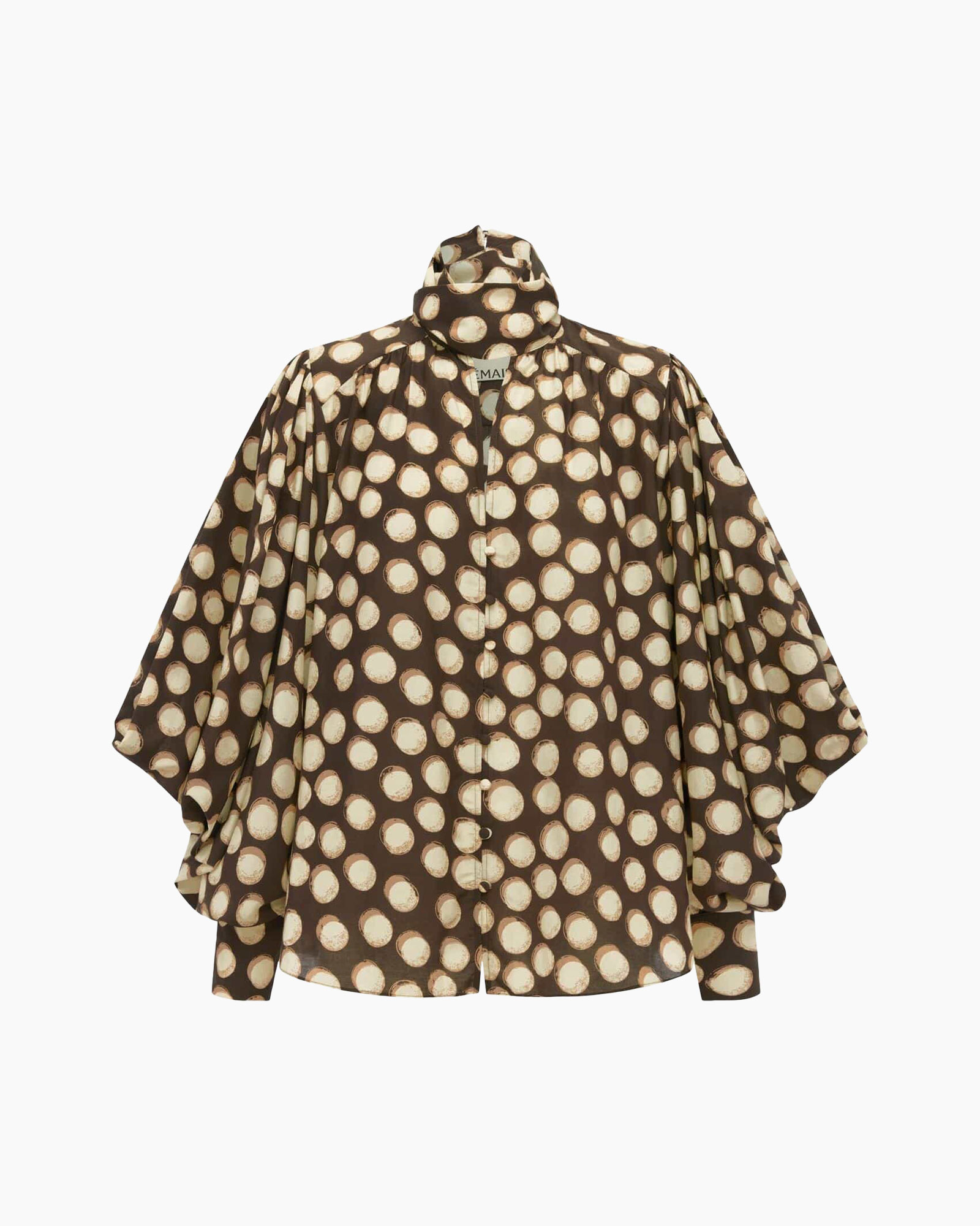 blouse, poeder-dot, bruin, zijde, pofmouwen