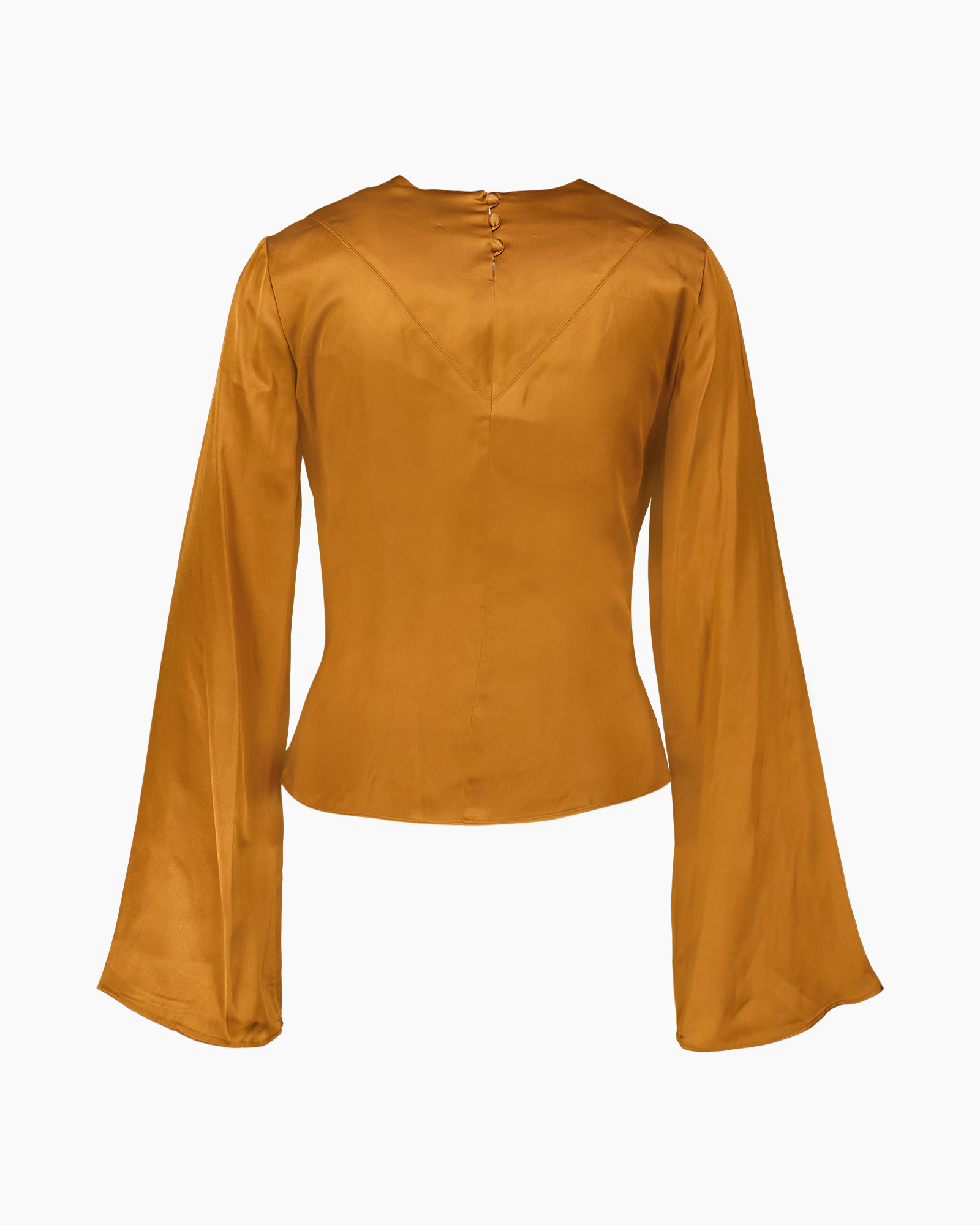 zijde, blouse, wrap, lange mouwen, mosterdkleur