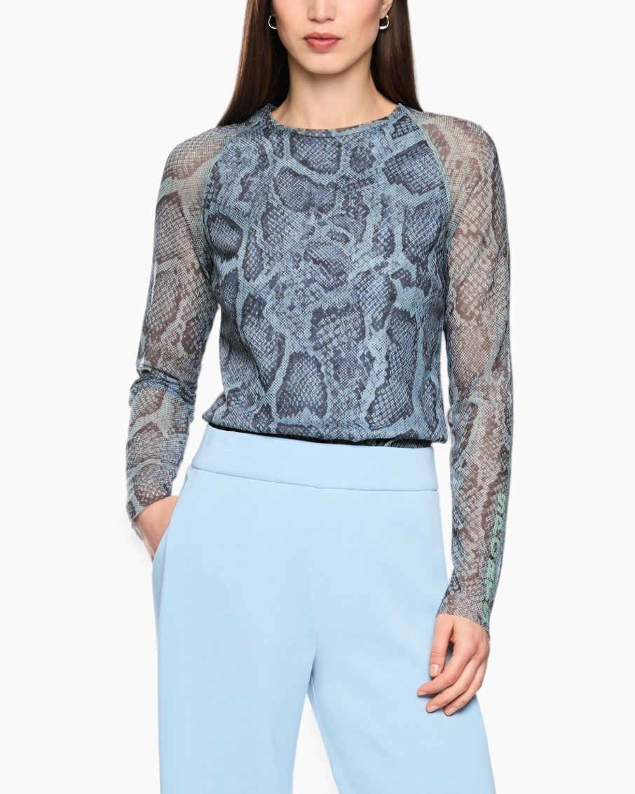 slangenprint, slangenhuid, mesh top, lange mouwen, blauwe top