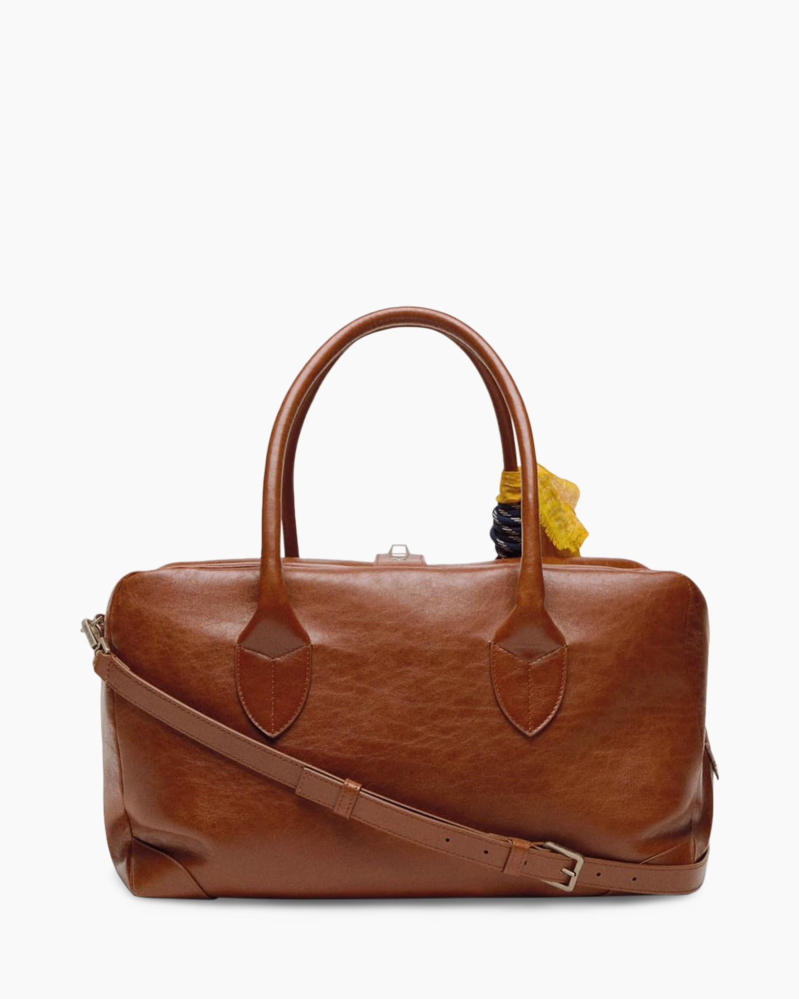 handtas, bruin leer, bovenhandvat, ritssluiting, decoratieve sjaal