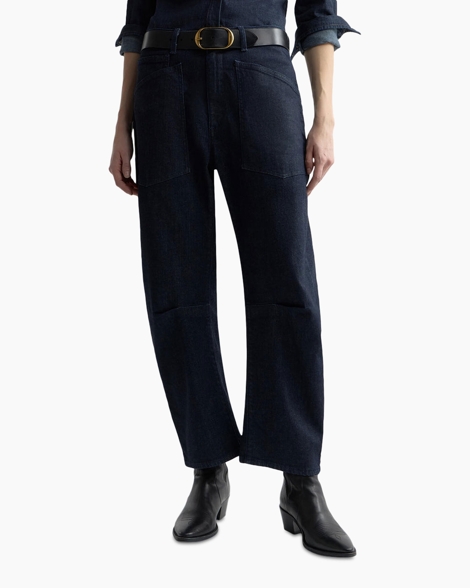 denim, broek, wijdengesneden, hoog taille, laarsen