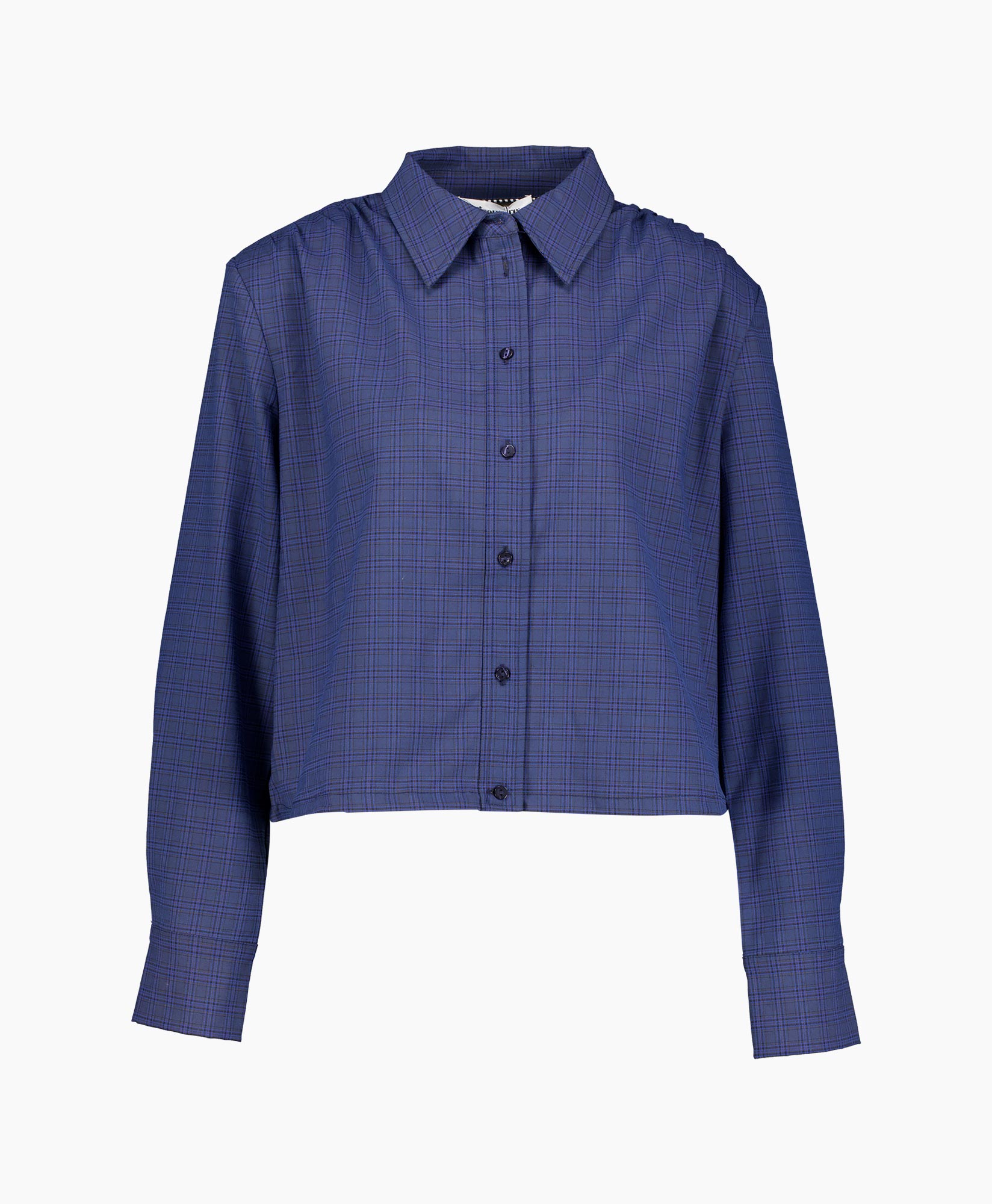 knopsluiting, ruitjespatroon, lange mouwen, blauw, kraag