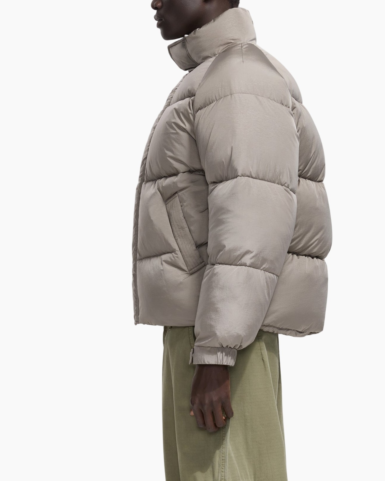 jassen met puffer, donzen jas, beige, hoge kraag, gestepte jas